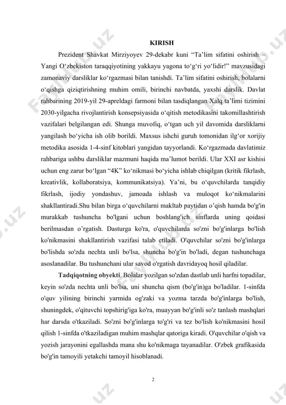 di. o'quvchilar so'zni bo'g'inlarga bo'lishda so'zda nechta unli bo'lsa, shuncha bo'g'in bo'ladi, degan tushunchaga asoslanadilar. bu tushunchani ular savod o'rgatish davridayoq hosil qiladilar. tadqiqotning obyekti. bolalar yozilgan so'zdan dastlab unli harfni topadilar, keyin so'zda nechta unli bo'lsa, uni shuncha qism (bo'g'in)ga bo'ladilar. 1-sinfda o'quv yilining birinchi yarmida og'zaki va yozma tarzda bo'g'inlarga bo'lish, shuningdek, o'qituvchi topshirig'iga ko'ra, muayyan bo'g'inli so'z tanlash mashqlari har darsda o'tkaziladi. so'zni bo'g'inlarga to'g'ri va tez bo'lish ko'nikmasini hosil qilish 1-sinfda o'tkaziladigan muhim mashqlar qatoriga kiradi. o'quvchilar o'qish va yozish jarayonini egallashda mana shu ko'nikmaga tayanadilar. o'zbek grafikasida bo'g'in tamoyili yetakchi tamoyil hisoblanadi. tadqiqotning predmeti. o'quvchi so'zni bo'g'inlarga bo'lish, bo'g'indagi har bir tovushning o'rnini, tartibini aniq ko'z oldiga keltirib, bo'g'inlab aytish ko'nikmasiga ega bo'lishi, so'zdagi harflarni tushirib qoldirmay, o'rnini almashtirmay yoza olishi tatqiqotning asosiy predmeti hisoblanadi. shuning uchun bo'g'in ustida ishlashga so'zni bo'g'inlab ko'chirib yozish. bo'g'inlab diktovka bilan yozish mashqlarini ham kiritish lozim. kurs ishining tuzilishi: …