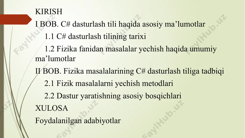 orat. bu dasturni yaratish jarayonida button, radiobutton, textbox, label, richtextbox, panel komponentalaridan foydalandim. 1-qadam. form1 oynasini ochib kerakli komponentalarni tashlaymiz. bunda biz quyidagi komponentalardan foydalanamiz: 5ta label 3ta radiobutton 2ta button fizik masala yechish dasturi ketma-ketligi: 2-qadam. yangi form2 oynasini ochamiz va uni mexanika bo’limiga bog'laymiz. form2 oynasiga quydagicha komponentalarni joylashtirib olamiz: 3 ta asosiy formaga radiobutton; 3 ta panel, 1-2-panellarga har biriga 5 tadan 10 ta radiobutton, 3-panelga esa 2 ta radiobutton; 12 ta label; 4 ta textbox; 1 ta richtextbox; 3 ta button. 3-qadam. yana bir yangi form3 oynasi hosil qilamiz va molekulyar fizika bo'limiga bog'lab quyidagicha komponentalarni joylaymiz: 1 ta panel, shu panel tarkibiga12 ta radiobutton; 11 ta label; 5 ta textbox; 1 ta richtextbox; 3 ta button. 4-qadam. so'ngi qadamimizda yana bir yangi form4 oynasi hosil qilamiz va elektro statika bo'limiga bog'lab quyidagicha komponentalarni joylaymiz: 1 ta panel, shu panel tarkibiga 8 ta radiobutton; 12 ta …