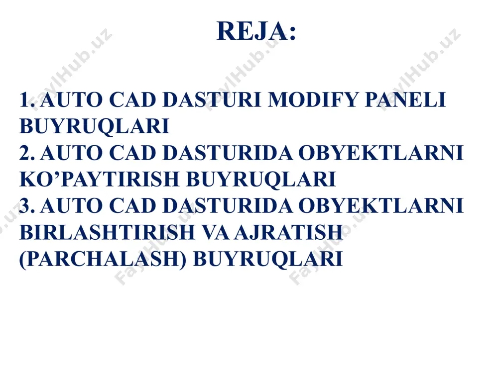 ug’i 3. polar array obyektlarni aylana bo’ylab ko’paytirish uchun ishlatiladi. 3. polar array aktivlashtiriladi, obyekt tanlanadi enter, markaz ko’rsatiladi, soni kiritiladi enter. izoh: obyekt aylanada joylashgan bo’lishi kerak. 1 2 3 move buyrug’i move buyrug’i obyektlarni siljitish uchun ishlatiladi. move aktivlashtiriladi, obyekt tanlanadi enter, obyektni ushlab ixtiyoriy joyga qo’yiladi yoki masofa kiritiladi. move buyrug’i f8 yoqilgan holatda faqat to’g’ri chiziq bo’ylab ko’chiriladi. rotate buyrug’i rotate- buyrug’i obyektlarni ma’lum burchakka burish uchun ishlatiladi. rotate aktivlashtiriladi, obyekt tanlanadi enter, tayanch nuqta ko’rsatiladi va burchak o’lchovi kiritiladi. scale buyrug’i scale buyrug’i obyektlarni kattalashtirish(5.0) va kichiklashtirish (0.5) uchun ishlatiladi. scale aktivlashtiriladi, obyekt tanlanadi enter, tayanch nuqta ko’rsatiladi va o’lcham kiritiladi enter. trim buyrug’i trim buyrug’i obyektlarni kesishgan qismlarini o’chirish uchun ishlatiladi. trim aktivlashtiriladi, kesishgan chiziqlardan qoladiganlari tan-lanadi enter yoki probel va keraksiz chiziqlar tanlanadi. trim aktivlashtiriladi, probel va keraksiz chiziqlar tanlanadi. extend buyrug’i extend buyrug’i chiziqlarni yetkazib qo’yish uchun ishlatiladi. extend aktivlashtiriladi, chiziq tanlanadi …