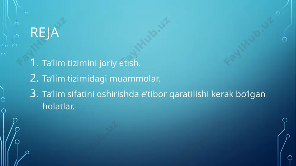 ishning innovatsion texnologiyalarini joriy etish, mustaqillik, ijodkorlik, tashabbuskorlik, tadbirkorlik kabi kasbiy sifatlarga ega yoshlarni tayyorlash hamda pedagoglarni rag‘batlantirish maqsadida katta ahamiyatga ega, sazovor ishlar amalga oshirilmoqda. lekin, tahlil va o‘rganish natijalari hozirgacha ta’lim tizimimizda saqlanib kelayotgan muammolar borligini ko‘rsatmoqda. ta’lim muassasalarida malakali pedagoglarning yetishmasligi, ularni tayyorlashda amaliyotga joriy etilgan o‘quv reja va dasturlarining yaratilishida sohadagi islohotlar to‘liq inobatga olinmasligi hamda ular mazmunan eskirganligi ta’lim oluvchilarning nazariy va amaliy bilimlarini mustahkamlashda hamda iqtidorli yoshlarning kreativ g‘oyalarni amaliyotga tatbiq etilishida tizimli va innovasioln faoliyat to‘g‘ri yo‘lga qo‘yilmaganligi pedagoglar tomonidan ta’lim oluvchilarning intellektual qobiliyatini rivojlantirishga yo‘naltirilgan o‘quv mashg‘ulotlari tashkil etilmaganligi; pedagoglar tomonidan innovasion pedagogik texnologiya va metodlarini amaliyotga keng joriy etilmasligi; ta’lim muassasalari o‘rtasida o‘zaro hamkorlik to‘liq yo‘lga qo‘yilmaganligi; e’tiborengiz uchun raxmat image2.png image3.jpeg image4.jpeg /docprops/thumbnail.jpeg