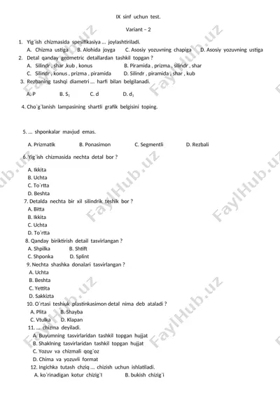 ix sinf uchun test — DOC