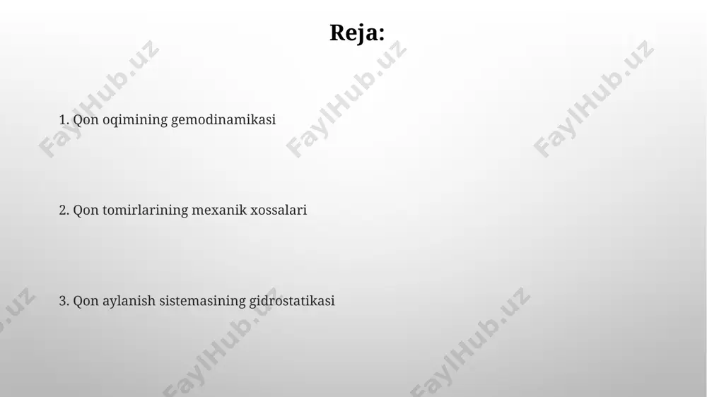 llyar almashinuvi kapillyar almashinuvida onkotik bosim, asosan plazma oqsillarining ta'siri tufayli, qon tomirlariga suyuqlik qaytishiga muhim hissa qo'shadi va bu qaytishni taxminan 25 mm sim. ust. bilan baholash mumkin. kapillyar devorlari orqali o'tuvchi moddalarning 90% ga yaqini diffuziya yo'li bilan, ya'ni konsentrasiyasi yuqori bo'lgan hududdan past konsentrasiyaga o'tadi. qonning reologik xususiyatlari eritrotsitlarning agregatsiyasi va deformasyon qobiliyati qonning reologik xususiyatlariga sezilarli taʼsir koʻrsatib, qon viskozitesini 40% gacha oʻzgartirishi mumkin. qon plazmasining tarkibiy qismi boʻlgan suvning miqdori (taxminan 90%) qonning umumiy yopishqoqligiga va shu bilan birga, qon oqimining rezistensiyasiga katta taʼsir koʻrsatadi. qonning yopishqoqligi va uning ahamiyati qonning yuqori yopishqoqligi qon tomirlarining devorlariga bosimni oshiradi, bu esa yurak faoliyatiga qo'shimcha yuk keltiradi va ateroskleroz xavfini kuchaytiradi. reynolds soni (re) qon oqimining turbulent yoki laminar xususiyatini aniqlaydi. re qiymati 2000 dan past bo'lsa, oqim laminar, yuqori bo'lsa, turbulent bo'ladi. qon bosimi va uning regulyatsiyasi qon bosimi qon oqimining tezligi va qon tomirlarining qarshiligiga …