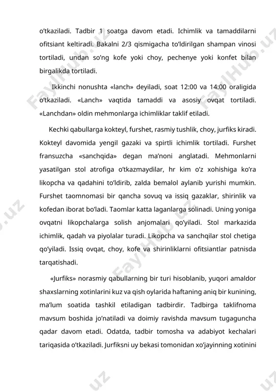 umkin, o’ta ko’p taqinchoqlar taqishga maslahat berilmaydi. taqdimot taqdimi. prezentatsiya (taqdimot) - bugun juda urf bo’lgan tadbir. ma’lum bir shaxs yoki bir guruh insonlar o’z faoliyatlari davomida erishgan natijalarini omma, mutaxassislar e’tiboriga havola etish maqsadida uyushtiriladigan tadbir. tashkilotchilarning asosiy maqsadi omma e’tiborini jalb etishdir, ya’ni reklama tadbiridir. lekin u jiddiy amaliy ahamiyati bilan e’tiborga loyiq. chunki aynan shunday taqdimotda hamkorlar topiladi, takliflar o’rganiladi. prezentatsiya odatdagidek mahsulotni namoyish etish, matbuot anjumani, reklama ashyolarini tarqatish va furshetdan iborat bo’ladi. bunda eng muhimi - furshet, ya’ni «bir piyola choy ustida suhbat» o’tkazishdir. yoqimli tovush, uni chiroyli aytilishi, gapni to’gri tuzilishi atrofdagilarda yaxshi taasurot qoldiradi. prezentatsiya davomida tashkilotchilarning etagiga osilib olmang, bir odamga osilib olib undan bir qadam uzoqlashmaslik ham yaramaydi. o’zingizga yangi tanishlar orttirish va aloqalar o’rnatish imkoniyatidan foydalaning. tashabbusni qo’lga olib, muloqotga kirishing. alohida-alohida suhbatlashayotgan guruhlarga yaqinlashib, suhbatga qo’shiling. o’zini tanishtirishda ayol kishi hech qachon birinchi bo’lib erkak kishiga o’zini tanishtirmaydi. ammo …