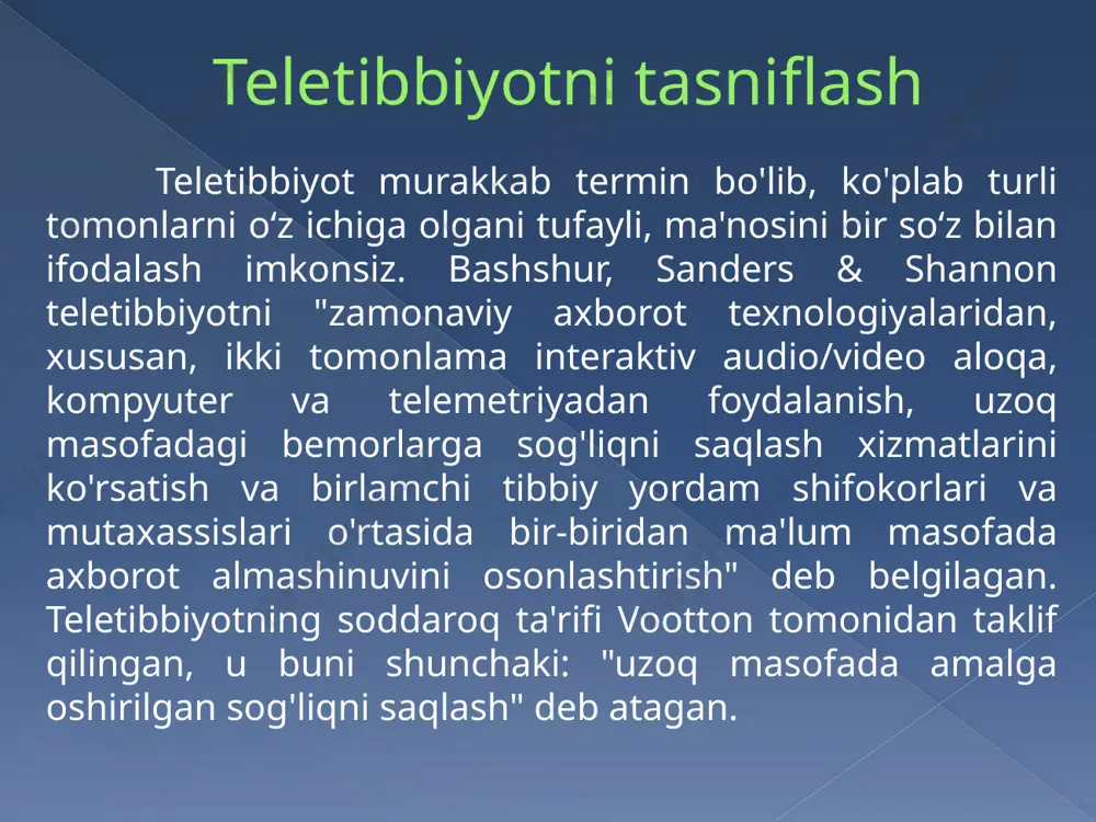 asi bemorlarga sog'lig'ini yaxshiroq nazorat qilishga yordam beradigan diagnostika g'amxo'rligi va boshqa foydali ma'lumotlarga murojaat qilish imkoniyatini berar ekan. telemeditsina bilan provayderlar shifokorga tashrif buyurish g'oyasidan uzoqlashib, aksincha, bemorning yashash xonasiga bir xil g'amxo'rlikni olib kelishga harakat qilishmoqda ekan. biroq telemeditsinaning cheklanganligini aniqlash va bartaraf etish hamda undan keng foydalanishga imkon berish uchun koʻproq tadqiqotlar oʻtkazish kerak. foydalanilgan adabiyotlar 1. agha, z., r. m. schapira and a. h. maker. 2002. "cost effectiveness of telemedicine for the delivery of outpatient pulmonary care to a rural population." telemedicine journal and e-health8(3):281-29 2. bashshur, r. l., j. h. sanders, g. w. shannon and the bellsouth foundation. 1999. telemedicine: theory and practice. charles c. thomas. 3. darkins, adam w. and margaret a. cary. 2000. telemedicine and telehealth :principles, policies, performance, and pitfalls.new york: springer pub. co. 4. field, m. j. 1996. telemedicine: a guide to assessing telecommunications in health care.national academies press. image2.jpeg image3.jpeg …