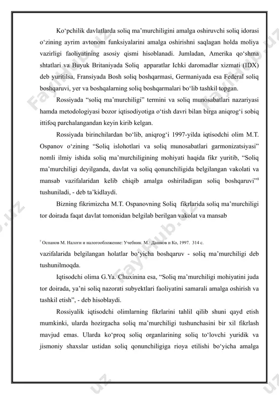 dan amalga oshiriladigan soliq jarayonlarini boshqarish jarayoni. 2. v.g. panskov soliq ma'muriyatchiligi deganda davlat va mahalliy hokimiyat organlarining soliqlarni rejalashtirish, soliqlar va yig'imlar tizimini shakllantirish va takomillashtirish, soliq qonunchiligiga hamda soliq munosabatlari ishtirokchilarining huquq va majburiyatlariga rioya etilishini nazorat qilish bo'yicha boshqaruv faoliyati tushunilishi mumkin. 3. m.t. ospanov soliq ma’muriyatchiligi soliqlar tuzilmasini o’timallashtirish, ularni undirish, soliq hisobi va hisobotini yuritish mexanizmini takomillashtirish, soliqlarning to‘g‘ri hisoblanishi, o‘z vaqtida va to‘liq to‘lanishi, qonun hujjatlariga rioya etilishi ustidan nazoratni amalga oshirish bo‘yicha kompleks chora-tadbirlarni o‘z ichiga oladi. 4. m.v. mishustin soliq ma'muriyati tushunchasi keng ma'noda davlat soliq tizimini faoliyat va tartibga solishning ko'‘lab sohalarini qamrab oladi. 5. b.k. ramazanova soliq ma'muriyati - soliqlar va yig'imlarni belgilash, joriy etish, undirish tizimida huquqiy tartibga solish, soliq qonunchiligiga rioya etilishi ustidan soliq nazorati, soliqlar va yig'imlar sohasidagi javobgarlikka asoslangan soliq sohasidagi tashkiliyiqtisodiy munosabatlar majmui; soliq to'lovchilarning huquqlarini himoya qilish. 6. n.a. dorofeeva soliq ma'muriyati - bu …
