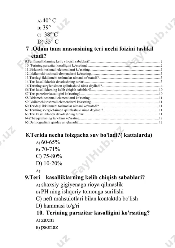 to'g'ri 16.terining surg'ichsimon qalinlashuvi nima deyiladi? a) vegitatsiya b) lixenizatsiya c) akantoz d) giperkeratoz 17.derma qanday to’qimadan iborat? a. biriktiruvchi b. silliq c. epiteliy d. to’g’ri javob yo’q 18.uzun sochlarni ko’rsating? a. bosh sochi,kiprik b. butun teridagi c. soch va saqol d. burun va quloq ichidagi tuklar 19.birlamchi toshmali elementlarni ko'rsating. a. tuguncha, dumboqcha, dog' b. yiring, vegitatsiya, pufak c) yara, eroziya, dog' d) po'stloq, pufak, yoriq 20.ikkilamchi toshmali elementlarni ko'rsating a. dog', yiring, qora qo'tir b. yoriq, yara, chandiq c) yiring, yara, tugun d) tugun, dumboqcha, yirincha 21.ekzema turlarini ko’rsating? a) chin ekzema b) mikrobli eczema c) virusli ekzema d) a va b to’g’ri 22.teri sezuvchanligini qanday usullar bilan aniqlaydi? a) tomchili b)kompressli c)nuqta-nuqta d) a va b javoblar to’g’ri 23.piodermitlarni nimalar keltirib chiqaradi? a) streptokokkli b) stafilokokkli c) virusli d) a va b to’g’ri 24.giqradenit .... kasalligi hisoblanadi?nuqtalar o’rniga kerakli so’zni qo’ying? a)ter bezlarning yalig’lanishi b)so’lak bezlarning yallig’lanishi …