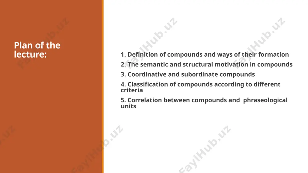 ic groups and semantic sets within them 1) compound words denoting action described as to its agent, e.g. sunrise, earthquake, handshake 2) compounds denoting action described as to its time or place, e.g. day-flight, street-fight 3) compounds denoting individual objects designed for some goal, e.g. bird-cage, table-cloth, diving-suit 4) compounds denoting objects that are parts of the whole, e.g. shirt-collar, eye-ball 5) compounds denoting active doers, e.g. book-reader, shoe-maker, globe-trotter the bulk of compound words are monosemantic and motivated but motivation in compounds like in all derivatives varies in degree. compounds that are completely motivated sky-blue, foot-pump, tea-taster motivation in compound words may be partial compound words a hand-bag, a flowerbed, handcuffs, a castle-builder are all only partially motivated, but still the degree of transparency of their meanings is different: in a hand-bag it is the highest as it is essentially ‘a bag’, whereas handcuffs retain only a resemblance to …