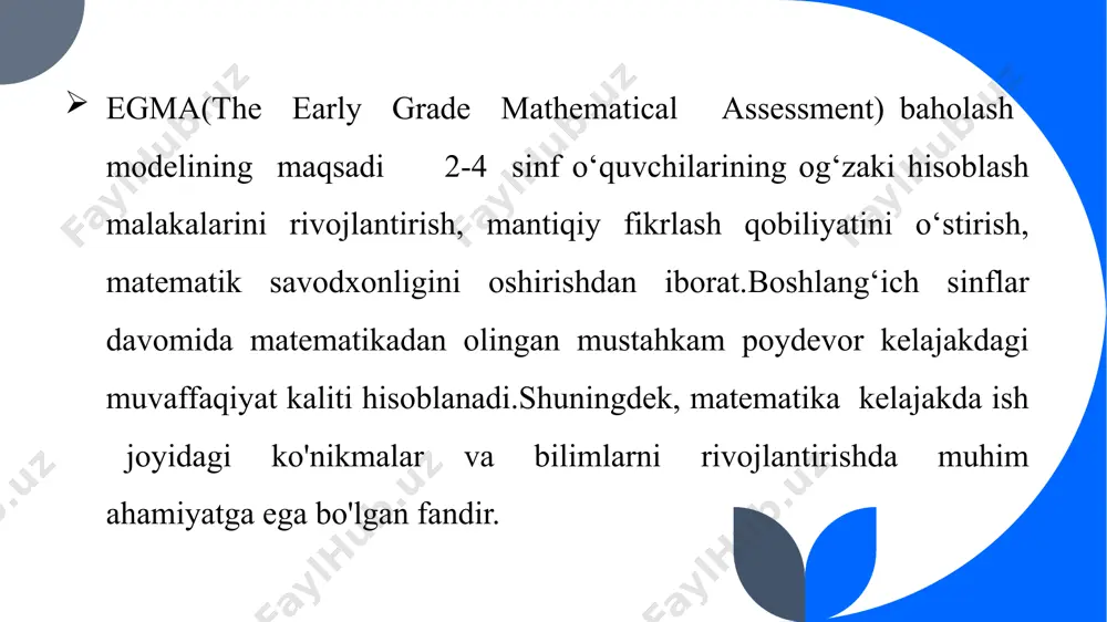 urli populyatsiyalar va kontekstlarga mos keladigan egma baholashlarini ishlab chiqish uchun juda muhimdir. ma'lumotlarni tahlil qilish: ma'lumotlarni tahlil qilish vositalari va usullarini bilish baholash ma'lumotlarini tahlil qilish, naqsh va tendentsiyalarni aniqlash va ta'lim qarorlarini qabul qilish uchun mazmunli xulosalar chiqarish uchun muhimdir. muloqot ko'nikmalari: baholash maqsadlari, ko'rsatmalari va fikr-mulohazalarini manfaatdor tomonlarga, jumladan o'qituvchilar, siyosatchilar, ota-onalar va talabalarga aniq etkazish uchun samarali muloqot qobiliyatlari zarur. xulosa egma baholashlarini ishlab chiqish va amalga oshirish matematika ta'limi, baholash dizayni, psixometriya, tadqiqot metodologiyasi, madaniy kompetentsiya va muloqot sohasidagi tajribani birlashtiradigan ko'p tarmoqli ko'nikmalarni talab qiladi. hamkorlik va doimiy takomillashtirish majburiyati ham egma baholash sifati va samaradorligini ta'minlashning asosiy omillari hisoblanadi. https://uzbekscholar.com https://zenodo.org https://cyberleninka.ru https://inlibrary.uz https://www.myscience.uz foydalanilgan adabiyotlar e’tiboringiz uchun raxmat!!! image1.jpeg image2.jpeg image3.jpeg image4.jpeg /docprops/thumbnail.jpeg