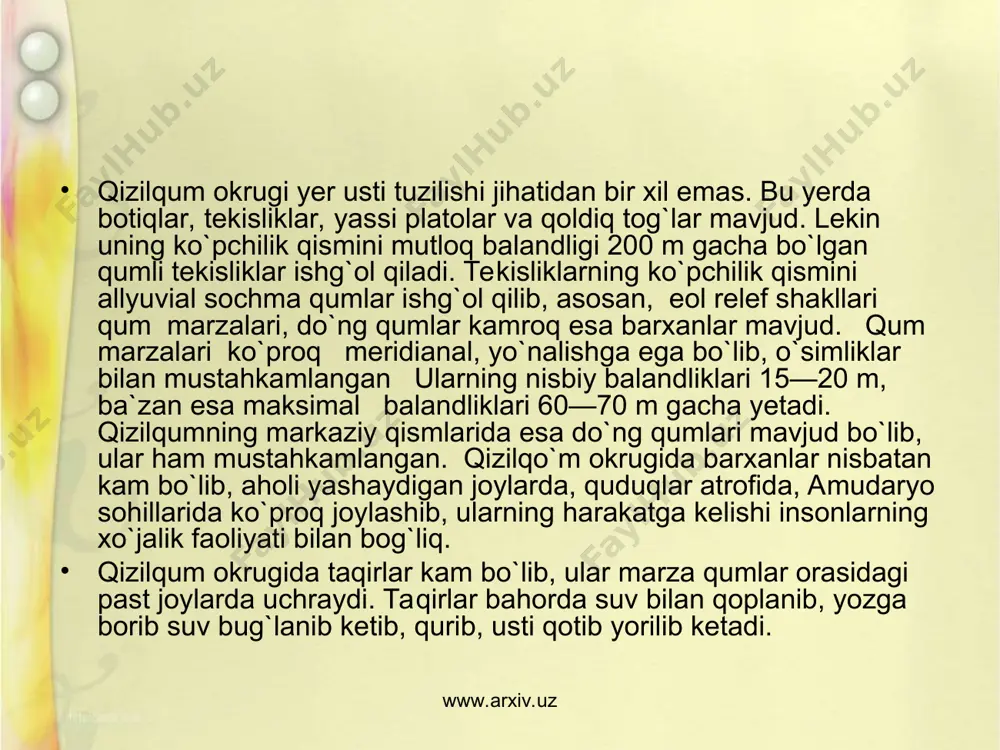 ijada qish obhavosining tez-tez o`zgarib ochiq ayozli obhavo nam, nisbatan iliq obxavo bilan almashib turadi. ba`zi kunlari sibirh antio`ikloni bilai birga qizilqum okrugining shimoliga rossiya tekisligining janubi-sharqidan sovuq havo massasi ham yetib kelgach, harorat pasayib, —35° gacha tushadi. www.arxiv.uz www.arxiv.uz qizilqum okrugida yoz uning hamma qismida deyarli bir xil bo`lib, quruq, ochiq, issiq. ayniqsa, uning markaziy qismi yozda qizib ketib, iyulning o`rtacha xarorati 28°—30°ga yetadi. nisbatan pastroq, iyulning 26°li izotermasi okrugning shimoli-g`arbiga to`g`ri keladi. qolgan qismlarida esa iyulning o`rtacha harorati 26—28° atrofida o`zgaradi. eng issiq 46° ga yetadi. qizilqum okrugi o`zbekistonning qurg`oqchil qismlaridan biri bo`lib, uning shimoli-g`arbida, quyi amudaryo okrugiga tutash qismlarida yillik yog`in miqdori 75—100 mm atrofida o`zgaradi. yog`in miqdorni okrugning janubi-sharqiy qismiga borgan sari ortio, 100—150 mm ga, qoldiq tog`lar va nurota tog`lariga yakin qismlarida esa 200 mm ga yetadi. qizilqum okrugida yog`in yil fasllari bo`yicha ham notekis taqsimlangan. yillik yog`inni 100% desak, un|ng 48% baxorga 30% qishga, …