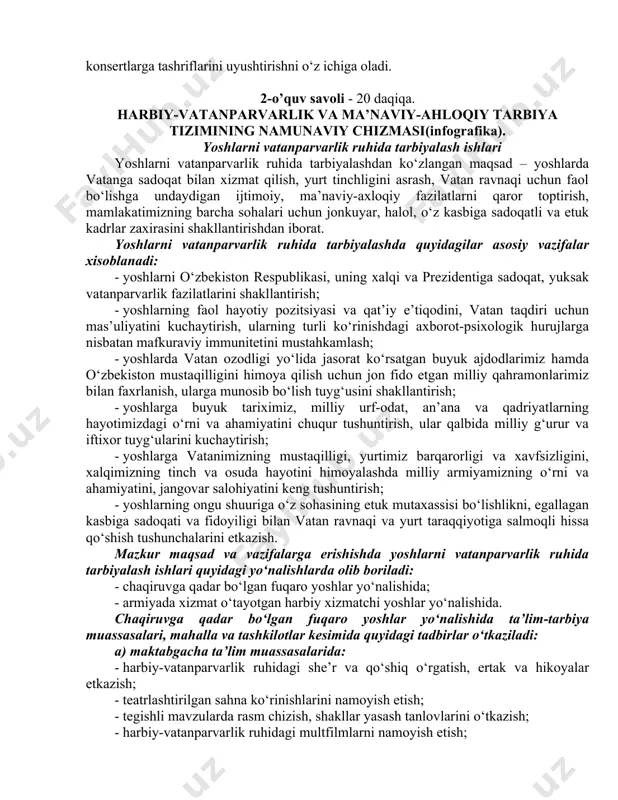 namoyish, kengaytirilgan namoyish (bir mavzuga bag‘ishlangan), kino, video filmlar namoyishi tushuntirish suhbati bilan, kinoleksiya (namoyishdan oldin, keyin va mobaynida), kino sahifasi (bir necha mavzuga bag‘ishlangan turli filmlar tahlili) va boshqalar. 4. radioeshittirishlar: har xafta efirga uzatiladigan radiogazeta (15-20 daqiqali, 2-3 sahifadan iborat eshittirish), har oyda efirga uzatiladigan radiojurnal (30-40 daqiqali, musiqali nomerlari bilan 4-5 sahifadan iborat eshittirish), musiqali salom (talablarga binoan), radioo‘yinlar va boshqalar. 5. kutubxona ishi usullari: yangi adabiyotlar targ‘iboti (bo‘linmalardagi suhbat, mahalliy radiotarmoq orqali, ko‘rgazma vositalar orqali), kitobxonlar konferensiyasi (bir asarga yoki mavzuga bag‘ishlangan), «eng yaxshi kitobxon» tanlovi, adabiy kecha, adabiy uchrashuv, ertakxonlik va boshqalar. 6. erkin holdagi ommaviy tadbirlar: suhbat, mavzuviy kecha, musiqali adabiy kecha, konsert, ekskursiya, ilg‘or mutaxassislar targ‘iboti, uchrashuvlar, savol-javob kechalari, tanlovlar, badiiy ko‘rgazma, bayram va tantanalarga bag‘ishlangan kechalar, dam olish bali, axloqshunoslik va nafosatshunoslik asoslari lektoriysi va boshqalar. mudofaa vazirligi qo‘shinlarida madaniy ishlar muassasalari: - mudofaa vazirligi ma’naviyat va ma’rifat markazi; - garnizon ofitserlar …