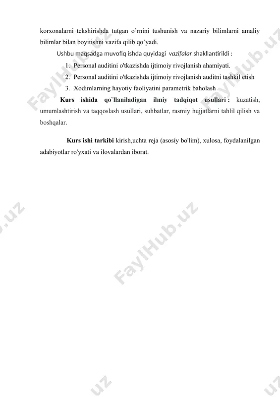 nish natijalaridan foydalanuvchilarning soni juda ko'p va xilma-xildir. avvalo, turli mulkchilik shakllarining egalari va ularning ko'lami ijtimoiy va kadrlar auditi natijalari bilan qiziqishi mumkin. foydalanuvchilarning ushbu guruhining qiziqishi, birinchi navbatda, ijtimoiy-iqtisodiy munosabatlar raqobatbardoshlikka erishishning hal qiluvchi omiliga aylangan ijtimoiy-iqtisodiy sharoitda korxona (tashkilot) boshqaruvi samaradorligini oshirishning muhim vositasi sifatida ijtimoiy va kadrlar auditidan foydalanish imkoniyati bilan bog'liq. ijtimoiy va kadrlar auditi korxonaning strategik maqsadlari va vazifalarini belgilash bilan bog'liq holda egasi uchun alohida ahamiyatga ega, ya'ni. strategik boshqaruvni shakllantirishda.[footnoteref:1] [1: abduraxmonov q.h., xolmuminov sh.r., zokirova n.k. personalni boshqarish. darslik] investorlar uchun ijtimoiy va kadrlar auditi natijalari kelajakdagi moliyaviy foyda yoki investitsiyalar bilan bog'liq yo'qotishlarni bashorat qilish va ijtimoiy xavflarni baholash uchun asos bo'lishi mumkin. investorlar korxonaning rentabelligi va dividendlar olishiga tayanadilar. shu munosabat bilan ularga aktsiyalarni sotib olish, egalik qilish yoki sotish to'g'risida qaror qabul qilishga yordam beradigan ob'ektiv va ishonchli ma'lumotlar kerak. menejerlar uchun ijtimoiy va kadrlar auditi operatsion, taktik …