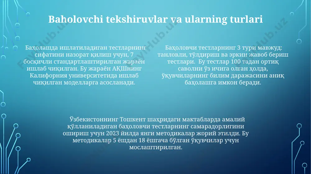 z-o'zini anglash ehtiyojini, 80%i esa xavfsizlik va qabul qilinish ehtiyojlarini namangan viloyatidagi maktablarda namoyon qiladi. individual farqlar va o'qitish kognitiv rivojlanish nazariyasiga ko'ra, 10 yoshli bolalarning 60% abstrakt fikrlashga moyil bo'lib, bu ularning matematik muammolarni yechishda samarqanddagi maxsus ta'lim markazida o'tkazilgan sinovlarda aniqlangan. o'zbekiston maktablarida 2022 yilda amalga oshirilgan pedagogik eksperimentlar, 3 ta turli o'quv uslublaridan foydalanish orqali (vizual, auditoriy, kinestetik), o'quvchilarning 85% da bilim darajasining o'rtacha 15 ballga oshganligini ko'rsatdi. individual farqlarni hisobga olgan holda, 2018 yilda aqshning kaliforniya shtatida o'tkazilgan tadqiqotlar shuni ko'rsatdiki, turli o'quv uslublariga ega bo'lgan 50 nafar o'quvchining 70 foizi individual yondashuv natijasida o'qish natijalarini 20% ga oshirgan. ta'limda texnologiyalardan foydalanish samarqanddagi 7-sinf o'quvchilariga yo'naltirilgan tadqiqotda, virtual haqiqat texnologiyalaridan foydalanib tarix darslarini o'tish o'quvchilarning bilimlarini 35% ga oshirish va ularning mavzuga bo'lgan qiziqishini 2 marta kuchaytirish imkonini berdi. 2023-yilgi tadqiqotlar shuni ko'rsatdiki, toshkentdagi maktablarda onlayn ta'lim platformalaridan foydalanish o'quvchilarning mustaqil o'rganish ko'nikmalarini 15% ga yaxshilaydi …