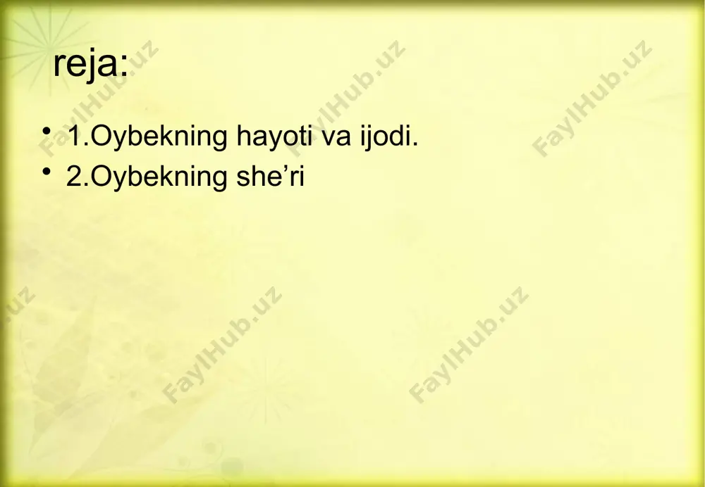 inroq ko’rinadi. 30-yillarning oxirida oybek ilk bor poema janrining tarixiy-biografik yo’nalishiga murojaat etib, “navoiy” (1939) poemasini yaratdi. poemada navoiy yashagan davr sharoiti, muhit, jamiyatning murakkabliklari tasvirlanadi. yosh kо‘ngil yosh kо‘ngil ba’zan toshar, cheksiz tog‘lardan oshar. na g‘am bilur, na hasrat, havas-la tо‘lib yashar. qanoti bor ipakli, kо‘zlari kо‘p tilakli. qо‘rquv bilmas, charchamas, arslon kabi yurakli. yosh kо‘ngil yoshda bо‘lur, dengizdek tо‘lqinlidir. amalining yо‘lidan qaytmaydir, balki о‘lur. amalim uchun kо‘nglim bir oz о‘ynasin, tilaklarin sо‘ylasin, amalimning parisi, qochma, ruhim yayrasin. oltin qanotlaring bor, sen menga eng nozli yor, qorong‘i kechalarni nuring yashindek yoqar. eng suyukli amalim, hayotdagi chechagim! kо‘ngil sensiz yoshalmas, qochma, tutay, malagim! yangi mavzu bayoni «qoraxat» to‘rtligi bexosdan uzilgan shoda dur kabi to‘kildi umidning rangli barglari. osildi bir onda qo‘llar madorsiz, yer qochdi, qoraydi quyosh zarlari... «na’matak» she’ri nafis chayqaladi bir tup na’matak yuksakda, shamolning belanchagida. quyoshga ko‘tarib bir savat oq gul, viqor-la o‘shshaygan qoya labida. nafis chayqaladi bir …