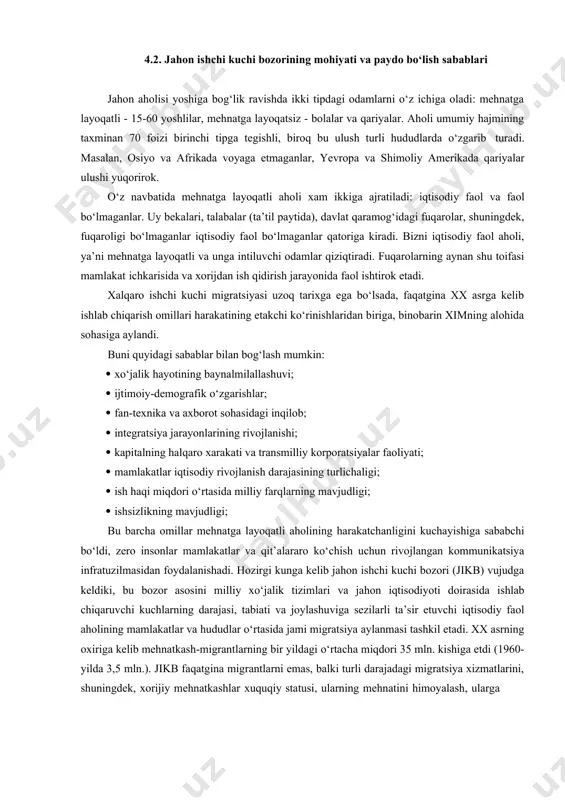 andligi keskin kamayib borayotganligi ko‘zga tashlanmoqda. shu bilan bir qatorda aholining iqtisodiy faolligini pasayishi qishloq xo‘jaligida ham kuzatilmoqda. xalqaro mehnat tashkilotining ta’rifiga ko‘ra ishsizlar deb - oxirgi 4 hafta ichida ish qidirayotgan va ishga ega bo‘lmagan yoki ishga joylashib xali ishga kirishmagan kishilarga aytila33di. bu kategoriya turli mamlakatlarda turlicha talqin etiladi. turli mamlakatlarda ishsizlar sonini aniqlashda ikki xil yondashuv mavjud. birinchisi - 1 haftalik tekshirishda ishsizlar statusiga javob beruvchi kishilar sonini aniqlaydi, bu usul aqsh, yaponiyada ishlatiladi. buyuk britaniyada bu usul qimmat hisoblanib, ishsizlar soni davlat bandlik xizmatlariga ishsizlik nafaqasini olishga topshirilgan talabnomalar asosida hisoblanadi. ishsizlarning asosiy qismini ish stajiga ega ishdan bo‘shatilgan kishilar tashkil qiladi. bu kategoriyaga iqtisodiyotda va ishlab chiqarishda tarkibiy o‘zgarishlar natijasida korxonalarning bekilishi, yangi mahsulot ishlab chiqarishga o‘tishi, ishlab chiqarishning modernizatsiyalashuvi natijasida ishini yo‘qotgan ishchilar kiradi. bola tarbiyasi bilan mashg‘ul ayollar, o‘qishni tugatib ish qidirayotgan yoshlar ishsizlar safiga kiritilmaydi. 4.2. jahon ishchi kuchi bozorining mohiyati va …