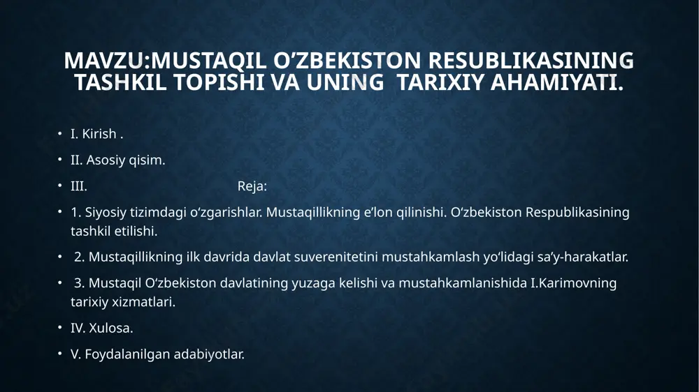ktlari o‘rnatilib, turk mahallalari qattiq himoyaga olindi. sirdaryo oblastida beqarorlik va tartibsizlikni keltirib chiqarishga uringan mahalliy aholi vakillari hibsga olindi. dunyo xaritasida paydo bo'lgan yosh mustaqil davlatlar safida o'zbekiston respublikasining mavjudligi jahonda yuz bergan va kelajak uchun tarixiy ahamiyatga ega bo'lgan ulkan voqeadir. o'zbekiston davlat mustaqilligi nixoyatda og'ir, uta murakkab, qaltis va taxlikali vaziyatda amalga oshdi. bu paytlarda davlat mustaqilligimizga xavf-xatar va taxdid solayotgan, uni gudakligidayok bugib uldirishga shay turgan, tish-tirnogigacha qurolmagan yovuz kuchlar respublikamizning xam ichkarisida, xam tashkarisida to'lib-toshib yotgandi. o'sha kezlarda vaziyat o'ta ketgan darajada xatarli tus olgandi. vaziyatni boshqarishni eplay olmay qolgan sobiq markaz mustaqillik, erkinlik yo'lida qilinayotgan xar qanday xarakatlarni shafqatsiz ravishda bostirib yo'q qilib tashlashga tayyor edi. o'zbekiston vaziyat qanchalik og'ir va mashaqqatli bo'lishiga qaramasdan va zarracha cho'chimasdan mustaqillik, istiqlol va erkinlik uchun dadillik bilan kurash boshladi. respublika oliy kengashining 1989 yil 21 oktyabrda o'zbekistonning davlat tili haqida qabul qilgan qonuni mustaqillik yo'lidagi dastlabki qadam …