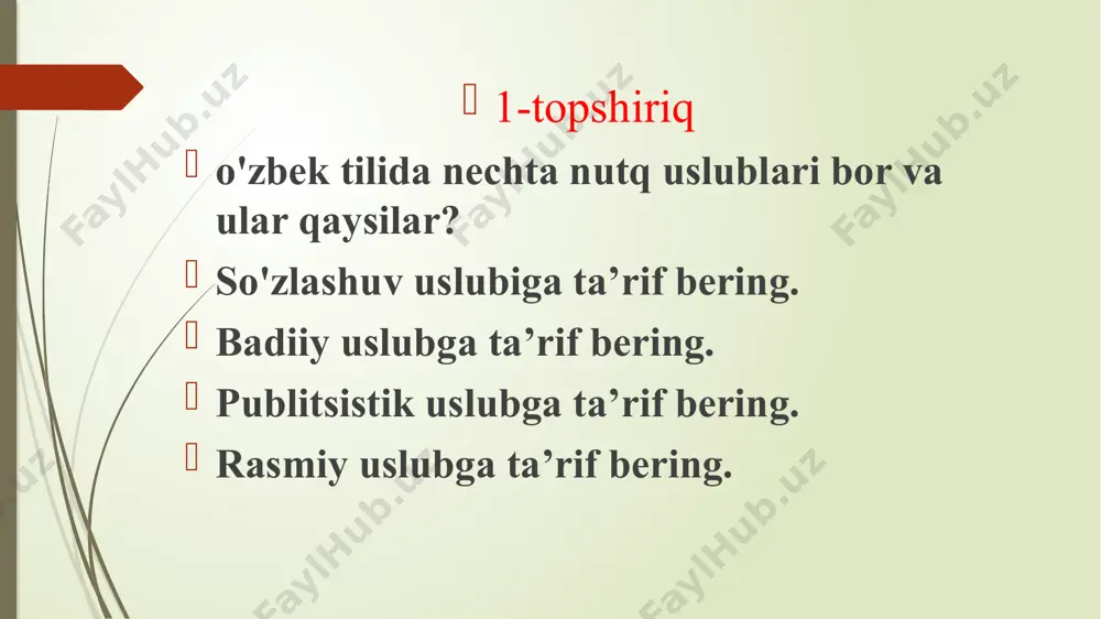 mavzuga muvofiqligi; • muammoni ko'rish, unga munosabat, o'zining nuqtai nazari, dalillarning ishonchliligi; • uslub: bayonning aniqligi,ochiq-ravshanligi; • imloviy qoidalarga va grammatik qoidalarga rioya qilish. ilmiy uslubdagi matnni yozish bo'yicha tavsiyalar. tayyorgarlik bosqichi bu bosqichda quyidagilarni bajarish zarur: • axborotlarni to'plash (o'qish, kuzatish, suhbatlashish, so'rovnoma o'tkazish va hokazo); • siz ushbu mavzu bo'yicha aytishingiz mumkin bo'lgan masalaga doir g’oyalarni to'plash va tahlil etish; • bu haqda qanday qilib yaxshiroq yozish mumkinligi haqida bosh qotirish (klaster, konseptual sxema va boshqalarning qurilishi). ilmiy uslubdagi matnni yozish bo'yicha tavsiyalar. 1-bosqich ishning qoralama nusxasi – variantini tuzish bu bosqichda quyidagilarni bajarish zarur: • qoralamalarda yozish; • faqat o‘zining g‘oyalariga e’tibor qilish, hozircha shakl va orfografiya, bayon qilish qoidalari haqida bosh qotirmaslik; • orada qator qoldirib yozish: tuzatish paytida yangi matnni yozish uchun joy qoladi. ilmiy uslubdagi matnni yozish bo'yicha tavsiyalar. 2-bosqich tuzatish tuzatish paytida o'zingizga quyidagi savollarni berishingiz kerak: • matnning butun mazmuni bosh mavzuga …