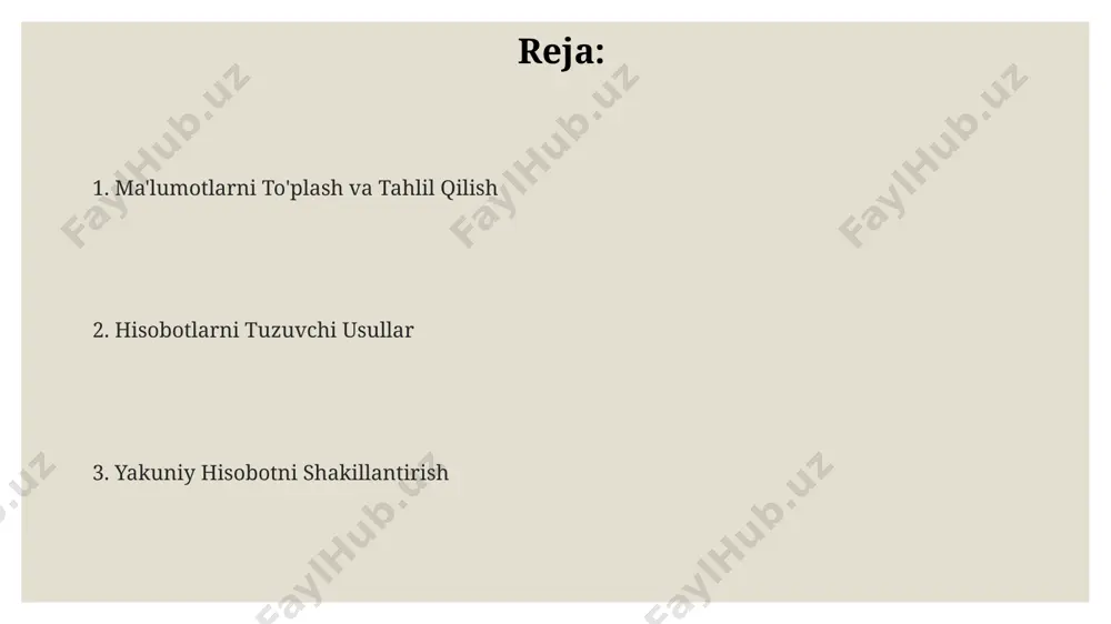 15 ta turli manbadan olingan ma'lumotlarni umumlashtirishda, aniqlikni ta'minlash uchun 3 bosqichli tekshirish tizimi qo'llanildi va xatolik darajasi 2% dan kam bo'ldi. toshkent shahridagi statistika byurosining hisobotlari shuni ko'rsatadiki, 3 turdagi umumlashtirilgan hisobotlarni tayyorlash uchun o'rtacha 7 kun vaqt ketadi, bu esa samaradorlikni 20% ga oshirish imkonini beradi. samarqanddagi 5 ta yirik korxonaning 2023 yilgi moliyaviy hisobotlarini umumlashtirishda, ma'lumotlar bazasidan avtomatlashtirilgan usul yordamida 1000 dan ortiq ko'rsatkichni tahlil qilish qo'llanildi. hisobotning tuzilishi va formatlash hisobot tuzilishi odatda 3 qismdan iborat bo'ladi: kirish (maqsad, vazifalar), asosiy qism (ma'lumotlar, tahlillar, 2-3 jadval samarqand viloyati bo'yicha), xulosa (takliflar, natijalar). hisobot formatlashda 12-punktli times new roman shrifti va 1,5 sm dan oshmaydigan maydonlar qo'llanishi tavsiya etiladi. toshkent shahrida chop etish uchun 5 nusxada tayyorlash kerak. hisobotda ishlatilgan barcha raqamlar va ma'lumotlar manbalarini aniq ko'rsatish, masalan, 2023-yilgi andijon viloyati statistika qo'mitasining ma'lumotlari asosida. ma'lumotlarni to'plash va saralash farg'ona vodiysidagi 10 ta korxonadan olingan 3000 dan …