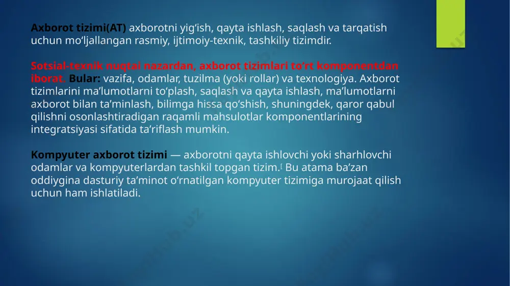 vazifasini ham bajarishi mumkin. axborot xavfsizligi boʻyicha bosh mutaxassis (ciso) axborot xavfsizligini boshqarishga eʼtibor qaratadi. axborot tizimini yaratish uchun quyidagi olti komponent birlashishi kerak: uskuna. uskuna atamasi mashina va jihozlarni anglatadi. zamonaviy axborot tizimida ushbu turkumga kompyuterning oʻzi va uning barcha yordamchi uskunalari kiradi. yordamchi uskunalarga kirish va chiqish qurilmalari, saqlash qurilmalari va aloqa qurilmalari kiradi. kompyuterdan oldingi axborot tizimlari apparat daftar kitoblari va siyohni oʻz ichiga olishi mumkin. dasturiy taʼminot. dasturiy taʼminot atamasi kompyuter dasturlari va ularni qoʻllab-quvvatlaydigan qoʻllanmalarni (agar mavjud boʻlsa) anglatadi. kompyuter dasturlari ¬- bu mashina tomonidan oʻqiladigan koʻrsatmalar boʻlib, ular tizimning apparat qismlari ichidagi kontaktlarning zanglashini oldini olib, maʼlumotlardan foydali maʼlumotlarni ishlab chiqaradigan usullarda ishlaydi. dasturlar odatda maʼlum bir kirish/chiqish muhitida, koʻpincha disk yoki lentada saqlanadi. kompyuterdan oldingi axborot tizimlari uchun „dasturiy taʼminot“ uskunaning foydalanishga qanday tayyorlanishini (masalan, buxgalteriya kitobidagi ustun sarlavhalari) va ulardan foydalanish boʻyicha koʻrsatmalarni (kartalar katalogi uchun qoʻllanma) oʻz ichiga oladi. maʼlumotlar. maʼlumotlar …