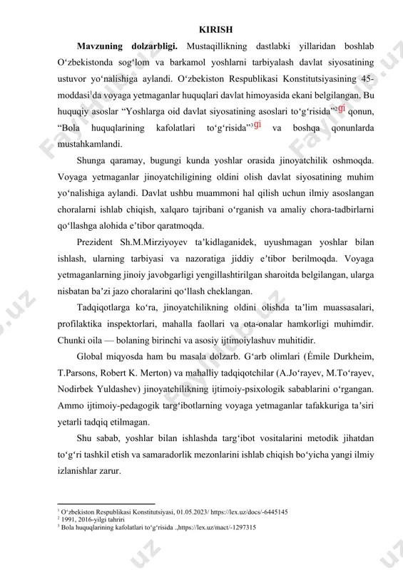 llantirishga qaratilgan tarbiyaviy va pedagogik jarayon. tadqiqot predmeti. voyaga yetmaganlar orasida ijtimoiy-huquqiy ong va shaxsiy masʼuliyatni shakllantirishga xizmat qiluvchi tarbiyaviy va pedagogik metodlar, huquqiy bilimlarni kundalik hayotda qoʻllash koʻnikmalari, ijtimoiy normalarni anglash, qonuniylikni qadrlash va axloqiy masʼuliyatni ongli ravishda qabul qilish jarayonlari. kurs ishining maqsadi. voyaga yetmaganlar orasida ijtimoiy-huquqiy ong va shaxsiy masʼuliyatni shakllantirish jarayonini ilmiy-nazariy va amaliy jihatdan oʻrganish hamda uni takomillashtirishga qaratilgan samarali tarbiyaviy va pedagogik yoʻllarni aniqlash. kurs ishining vazifalari. 1. voyaga yetmaganlarda ijtimoiy-huquqiy ong va shaxsiy masʼuliyat shakllanishining nazariy asoslarini oʻrganish. 2. ijtimoiy-pedagogik targʻibot, huquqiy tarbiya va axloqiy rivojlanish omillarini tahlil qilish. 3. oʻsmirlar bilan ishlovchi pedagoglar, psixologlar, ota-onalar va ijtimoiy institutlar faoliyatini oʻrganish. 4. internet va ommaviy axborot vositalarining voyaga yetmaganlarning huquqiy ongiga taʼsirini tahlil qilish. tadqiqot metodlari. pedagogik kuzatuv, qiyosiy tahlil, empirik metod, qiyosiy metodlaridan foydalanildi kurs ishining tuzilishi: kurs ishi kirish qism, ikki bob, oltita paragraf, xulosa, foydalanilgan adabiyotlar roʻyxatidan iborat. i. bob. …