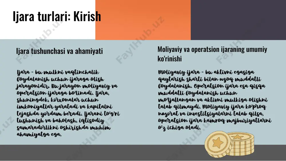aktivning foydalanuvchi tomonidan foydalanish muddatidan kam bo'lishi mumkin. moliyaviy ijarani tan olish mezonlari: - ijaraga olingan aktivlar moliyaviy hisobotda aks ettiriladi. - ijara shartnomasi ijaraga beruvchidan aktivni olishni talab qiladi. moliyaviy ijaraning moliyaviy hisobotlardagi aks ettirilishi: - moliyaviy hisobotlarda ijaraga olingan aktivlar va majburiyatlar ko'rsatiladi. moliyaviy ijarani tan olish - moliyaviy ijarani baholashda quyidagi usullar qo'llaniladi: 1. kelajakdagi naqd pul oqimlarini baholash usuli. 2. diskontlangan naqd pul oqimi usuli. - asosiy ko'rsatkichlar: 1. ijaradan keladigan kelajakdagi daromad. 2. diskont stavkasi. 3. ijara muddati. - baholash jarayoni: 1. ijara shartlarini tahlil qilish. 2. kelajakdagi naqd pul oqimlarini aniqlash. 3. baholash usulini tanlash va amalga oshirish. operatsion ijarani tan olish operatsion ijaraning asosiy xususiyatlari: aktivlar vaqtincha foydalanish uchun beriladi va ularning qiymati vaqt o'tishi bilan kamayadi. tan olish mezonlari: ijara shartnomasi muddati, to'lovlar miqdori va aktivning iqtisodiy foydasi. moliyaviy hisobotlarda ijara to'lovlari xarajat sifatida aks ettiriladi. operatsion ijarani baholash baholash usullari va …