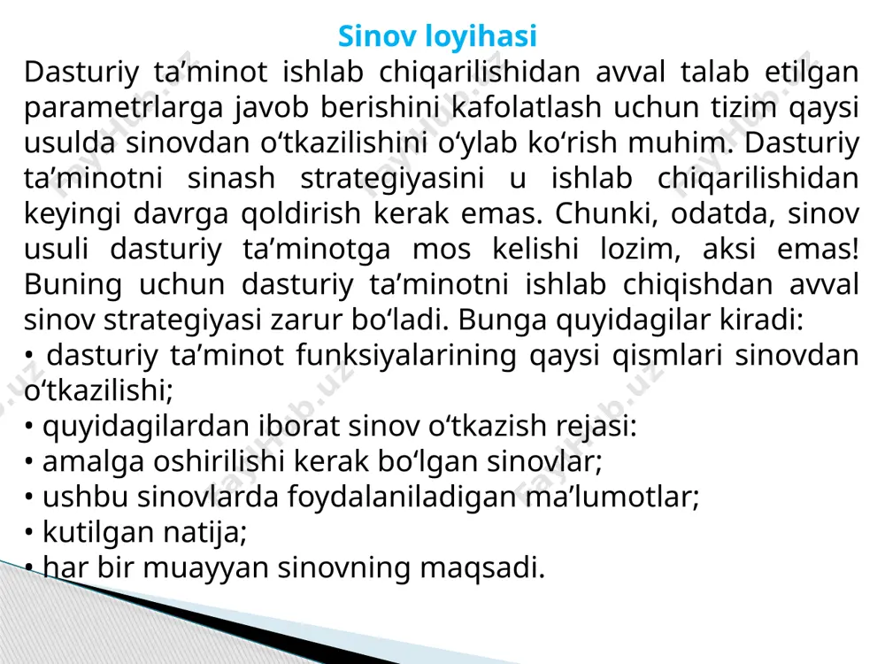 bering. maʼlumotlar aniq kiritilganini tekshirish usulini tanlash uchun qaror qabul qilish kerak. • trening. yangi tizimni qoʻllaydigan xodimlarga undan qanday foydalanish kerakligi o‘rgatish zarur. agar ular kompyuterlashgan tizim bilan tanish boʻlsa, u holda kengaytirilgan mashgʻulotlarga ehtiyoj yoʻq. agar ular kompyuterlashgan tizimdan foydalanishni bilmasa, ularga rejali mashgʻulot oʻtilishi kerak. xodimlar uchun kompaniyaga tashqaridan taklif etilgan oʻqitivchi mashgʻulot oʻtishi mumkin. bunda katta afzalliklar bor. chunki xodimlarning muayyan savollariga javob beradigan shaxs orqali; rahbariyat haqiqatan barcha xodimlar tayyorgarlikdan oʻtganiga ishonch hosil qilishi mumkin. kamchiligi – xodimlar mashgʻulot vaqtida ishlamaydi. yana bir boshqa yoʻli – hamma darslarni dvdga yozish va qulay vaqtda oʻrgana olishi uchun har bir xodimga disk nusxasini berish. buning afzalliklari: xodimlar mashgʻulot oʻtish bilan bir qatorda, kompaniya faoliyati davom etadi hamda ular oʻziga mos tezlikda o‘rganadi. shuningdek, o‘zi bilgan qismlarni oʻtkazib yuborishi yoki qiyinroq deb topgan ruknlarini qayta koʻrishi mumkin. kamchiligi – xodimlar oʻz vaqtlari hisobidan mashgʻulot oʻtishlari kerak. tizimni amalga …