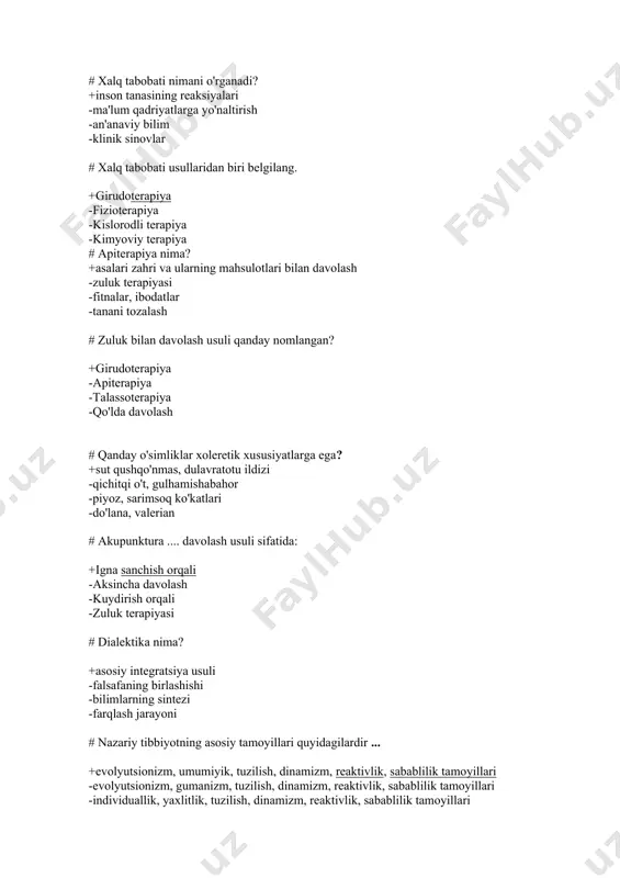 -toshlar va minerallar bilan davolash # toshlar va minerallar bilan davolash nima deb ataladi? +litoterapiya -apiterapiya -gidroterapiya -floraterapiya # aromaterapiya nechta usulda qo’llaniladi? +3ta -5ta -8ta -4ta # fitoterapiya-bu……. +o’simlik bilan davolash -gullar bilan davolash -suv bilan davolash -zuluk bilan davolash # xiropraktikani nechinchi yilda ixtiro qilingan? +1890 -1889 -1896 -1885 # tan sulolasi davrida(618-907) xitoylik shifokorlar qaysi yuqumli kasallikni aniqlashgan? +moxov -sil -vabo -qizamiq # kasalliklarni davolashda xitoy tibbiyoti eng ko’p nimaga e’tibor beradi? +profilaktikaga -etiologiyasiga -davolashga -patogeneziga # o'zbekiston respublikasi prezidentining «o‘zbekiston respublikasida xalq tabobati sohasini tartibga solish chora-tadbirlari to‘g‘risida»gi qarori qachon qabul qilingan? +2018 yil 12 oktabr -2018 yil 10 aprel -2018 yil 20 aprel -2017 yil 12 aprel # toshkent tibbiyot akademiyasi qoshidagi xalq tabobati markazining tantanali ochilish marosimi qachon bo'lgan? +2018 yil 27 noyabr -2018 yil 12 oktyabr -2018 yil 10 aprel -2018 yil 20 aprel # qadimgi xitoyda eng keng tarqalgan davolash usuli: +qarama-qarshi …