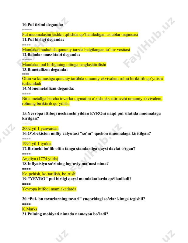 pul- bu tovarlarning tovari” yuqoridagi so’zlar kimga tegishli? ==== k.marks 21.pulning mohiyati nimada namoyon bo’ladi? ==== pul barcha tovarlar va xizmatlar qiymatini o’zida ifoda etuvchi umumiy ekvivalentdir 22.pul islohotini amalga oshirish turlari ==== denominatsiya, devalvatsiya, revalvatsiya, nullifikatsiya 23."yevro" pul birligi naqdsiz shaklda qachondan boshlab muomalaga kiritildi? ==== 1999 yil 1 yanvardan 24.“so‘m ko‘pon” nechanchi yilda muomalaga kiritildi. ==== 1993 yil 15 noyabr 25.1000 “so‘m”lik banknotalar qachon muomalaga kiritildi ==== 2001 yil 26.pulning mohiyati qaysi funktsiyalarda namoyon bo’ladi? ==== muomala, to’lov, jamg’arma vositasi, qiymat o’lchovi funktsiyalarida 27.pulning muomala vositasi funktsiyasida qanday pullar ishtirok etadi: ==== faqat naqd pul ishtirok egadi 28.pulning qadrsizlanishi qaysi pul muomalasida ro’y beradi? ==== qog’oz pullarga o’tilgach 29.pulning iqtisodiyotdagi roli? ==== tovarlarni ishlab chiqarish, ayirboshlash, taqsimlash va iste’mol jarayonida asosiy vositachi hisoblanadi 30.pulning turlarini ko’rsating? ==== metal, qog’oz, kredit va elektron pullar 31.pulning barqarorligi deganda nima tushuniladi? ==== boshqa davlatlar valyutasiga erkin almashadigan valyuta tizimida ==== 32.pulning …