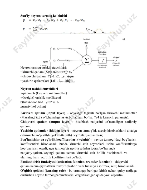 entlari neyron tarmoqda hisoblash jarayoni perceptron perceptron bu – 2 ta qatlamdan iborat ya’ni kiruvchi va chiquvchi qatlamdan iborat bo’lgan neyronni hisoblash tuguni. har bir perceptron sodda sinflash masalasini yechishda qo’llaniladi. natija berilgan tasvir piksel qiymatlaridan kelib chiqib qaysi sinfga tegishli ekanligini aniqlaydi. faollashtirish funksiyalari barcha neyronlar bo’yicha hisoblashlar amalga oshirilganidan keyin quyidagi “sigmoid” yoki relu funksiyasi grafigi asosida shakllantiriladi va funksiya qiymati mos ravishda [0-1] va [0, n] oraligida o’zgarib turadi. 9.4-rasm. sigmoid funksiya grafigi 9.5-rasm. relu aktivatsiya funksiyasi grafigi neyronlar ustida bajariladigan mantiqiy amallar mashinali o’qitish va neyron tarmoqlari uchun python dasturlash tili paketlari № modul nomi 1. numpy 2. scipy 3. scikit-learn maqsadi vektor va matritsalar ustida amallar bajarish, matematik amallar va trigonametrik funksiyalardan foydalanish python uchun ilmiy kutubxona mashinali o’qitish,regressiya,sinflash vaklasterlash uchun zarur bo’lgan funksiyalardan foydalanish 4. matplotlib turli xil matematik funksiya grafiklarini va tasvirlarni vizuallashtirish (plotting) uchun ishlatiladigan funksiyalar 5. opencv- python kompyuter ko’rishi, tasvirlarga …
