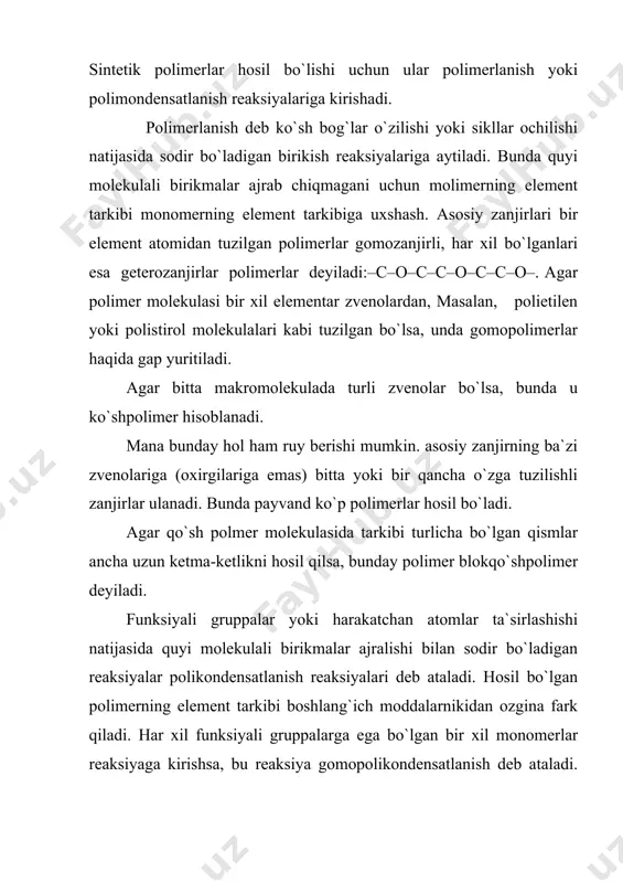 siqka chidamli. yiliga o`rtacha usishi 2-6% ni tashkil qiladi narxi yaqinlashadi konstruksiyali termoplastlar, modifikasiyalangan poliformaldegid, chizikli poliefirlar, poliasetallar o`rtacha ishlab chiqarish hajmi konstruksion aralashma va kotishmalar haroratlarga chidamliligi, qattiq, mustaxkam, zarbaga chidamli narxi baland, yillik o`sishi 6-8% polikanbonat superkonstruksiya-li, ftorplastlar, poliamidlar, poliarilatlar, polisulfonlar, poliamidlar, poliefirketonlar kam ishlab chiqarish hajmi, murakkab texnologiya, yuqori haroratlarga chidamliligi, narxi juda baland, yillik usish sur`ati 10-15% plastmassa va sintetik smolalar sanoatda energiyani va uglerod saklaydigan xom-ashyoni tejashga samaradorligi yuksak katalizatorlar joriy qilish, reaksiya issiqiligidan foydalanish va suvli suspeziyada polimerlanishning kam energiya sarf bo`ladigan jarayonlarini qo`llanishi yo`li bilan erishiladi. plastmassalarning asosiy tarkibiy qismi bo`lgan polimerlarni sanoat miqyosida polimerlanish reaksiyalari orqali ishlab chiqarish asosan quyidagi usullar yordamida amalga oshiriladi: 1) massa yoki blokda polimerlanish; 2) eritmada polimerlanish (lak usuli) 3) suspenziya polimerlanish 4) emulsiyada polimerlanish 5) qattiq fazada polimerlanish. polikondensatlanish jarayonlarni quyidagi usullar yordamida amalga oshirsa bo`ladi: 1) eritmada polikondensatlanish; 2) fazalar chegarasida polkondensatlanish; 3) emulsiyada polikondensatlanish; …