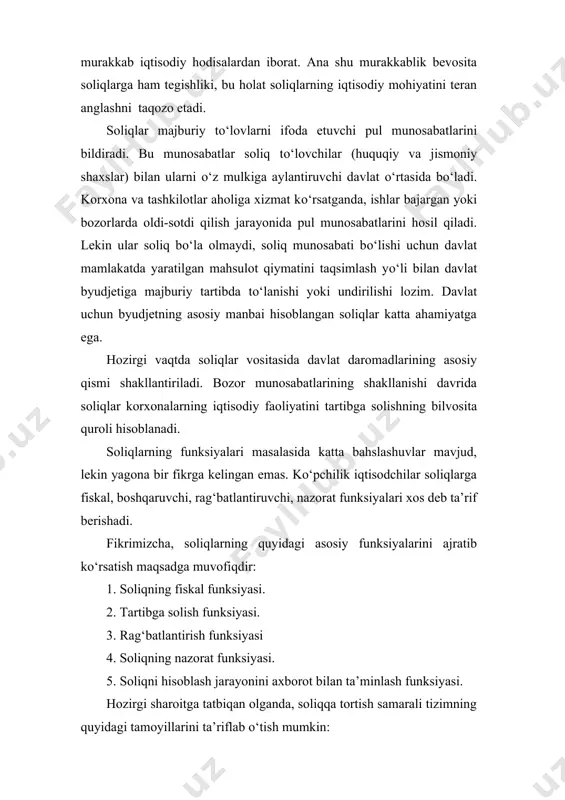 rgi sharoitga tatbiqan olganda, soliqqa tortish samarali tizimning quyidagi tamoyillarini ta’riflab о‘tish mumkin: 0. yetarlilik tamoyili. 0. tadbirkorlik va investisiyalarni rag‘batlantirish. 0. soliqqa tortishning adolatlilik tamoyili. 0. oddiylik va xolislik. 0. boshqarishga qulaylik. 0. soliqlarni yig‘ish jarayonini imkon qadar arzonlashtirish. 0. soliq stavkalarini qiyoslash. yuridik va jismoniy shaxslardan olinadigan soliqlar, yig‘imlar, bojlar va boshqa majburiy tо‘lovlar hamda ularning tuzilish tamoyillari, usullari, soliq nazoratining yig‘indisi soliq tizimini tashkil etadi. bu ta’rif soliq tizimini keng ma’noda tushunishdir. soliq qonunchiligida soliq tizimi tor ma’noda talqin qilinib, bir xil mohiyatga ega bо‘lgan va markazlashgan pul fondini tashkil etadigan soliq, yig‘im, boj va boshqa majburiy tо‘lovlarning yig‘indisi soliq tizimi deb ataladi. soliqlar soliqqa tortish obyektiga qarab uch guruhga bо‘linadi: 1. oborotdan olinadigan soliqlar. 2. mol-mulk qiymatlaridan olinadigan soliqlar. 3. daromaddan olinadigan soliqlar. soliqlar iqtisodiy mohiyatiga, tо‘lovchi bilan davlatning о‘zaro munosabatlariga bevosita yoki bilvosita bog‘liqligiga kо‘ra tо‘g‘ri va egri soliqlarga bо‘linadi. tо‘g‘ri soliqlar tо‘g‘ridan-tо‘g‘ri daromadga va …