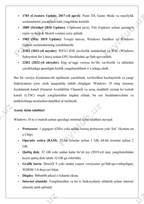 internet ulanishi talab qilinadi. bu talablar windows 10 ni keng doiradagi qurilmalarda, jumladan, eski kompyuterlarda ishlatish imkonini beradi. biroq, ba’zi xususiyatlar, masalan, bitlocker shifrlash yoki windows hello biometrik autentifikatsiyasi, qo‘shimcha apparat talablariga ega. yangi imkoniyatlari windows 10 foydalanuvchi tajribasini oshirish va zamonaviy ehtiyojlarga moslashish uchun bir qator yangi imkoniyatlarni taqdim etdi. quyida asosiy yangiliklarning tahlili keltiriladi: start menyusining qaytishi windows 8 da start menyusining olib tashlanishi foydalanuvchilar tomonidan katta tanqidga uchragan edi. windows 10 da start menyusi qayta tiklandi, ammo u windows 7 ning an’anaviy menyusi va windows 8 ning jonli plitkalar (live tiles) kombinatsiyasi sifatida ishlab chiqildi. chap tomonda dasturlar ro‘yxati, o‘ng tomonda esa moslashtiriladigan jonli plitkalar joylashgan. bu foydalanuvchilarga oson navigatsiya va tezkor ma’lumot olish imkonini beradi. masalan, ob-havo plitkasi real vaqtda ob-havo ma’lumotlarini ko‘rsatishi yoki yangiliklar plitkasi so‘nggi xabarlarni taqdim etishi mumkin. virtual ish stollari (virtual desktops) virtual ish stollari foydalanuvchilarga bir nechta ish muhitlarini yaratish va …
