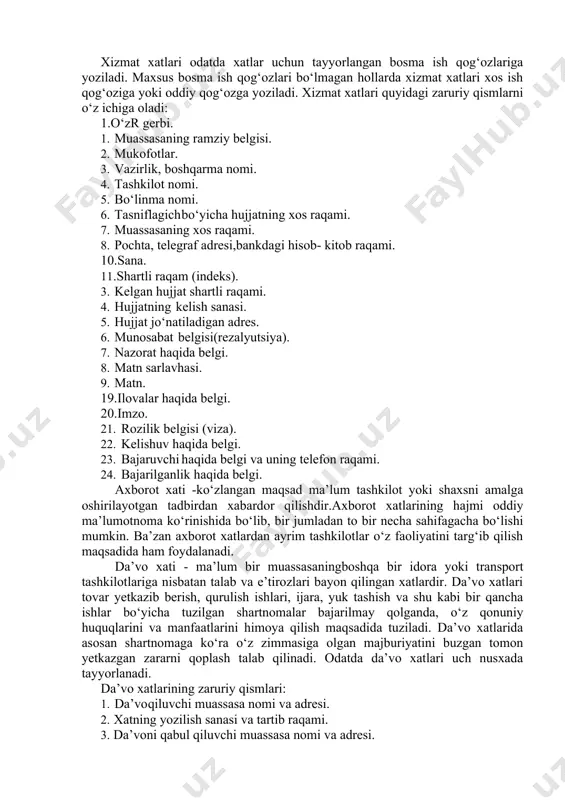 b xatni talab qilmaydigan xatlar (ilova xat, tasdiq xat, eslatma xat, axborot xat, kafolat xat va boshqalar). xizmat xatlari odatda xatlar uchun tayyorlangan bosma ish qog‘ozlariga yoziladi. maxsus bosma ish qog‘ozlari bo‘lmagan hollarda xizmat xatlari xos ish qog‘oziga yoki oddiy qog‘ozga yoziladi. xizmat xatlari quyidagi zaruriy qismlarni o‘z ichiga oladi: 1.o‘zr gerbi. 1. muassasaning ramziy belgisi. 2. mukofotlar. 3. vazirlik, boshqarma nomi. 4. tashkilot nomi. 5. bo‘linma nomi. 6. tasniflagich bo‘yicha hujjatning xos raqami. 7. muassasaning xos raqami. 8. pochta, telegraf adresi,bankdagi hisob- kitob raqami. 10.sana. 11 .shartli raqam (indeks). 3. kelgan hujjat shartli raqami. 4. hujjatning kelish sanasi. 5. hujjat jo‘natiladigan adres. 6. munosabat belgisi(rezalyutsiya). 7. nazorat haqida belgi. 8. matn sarlavhasi. 9. matn. 19.ilovalar haqida belgi. 20.imzo. 21. rozilik belgisi (viza). 22. kelishuv haqida belgi. 23. bajaruvchi haqida belgi va uning telefon raqami. 24. bajarilganlik haqida belgi. axborot xati -ko‘zlangan maqsad ma’lum tashkilot yoki shaxsni amalga oshirilayotgan tadbirdan …