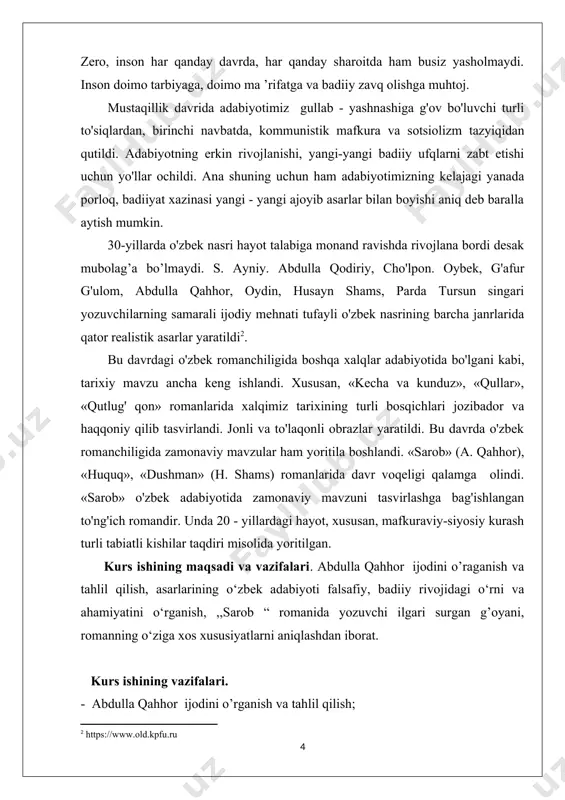 a foydalanilgan adabiyotlar ro‘yxatidan iborat. i.bob. abdulla qahhor romannavis 1.1 “sarob” romanida yozuvchining obraz yaratish mahorati abdulla qahhor 1907-yili 17 - senyabrda farg‘ona viloyatining qo‘qon shahrida tug‘ilgan. uning otasi abduqahhor temirchi bo‘lgan. lekin bu kasbdan oladigan daromad tirikchilik uchun kifoya qilmagani sababli u doim ish izlab qishloqma qishloq ko‘chib yurardi. shu tufayli abdullaning bolaligi yaypan, nursuh, kudash, buvayda, tolliq, olqor, yulg‘unzor, oqqo‘rg‘on kabi qo‘qon atrofidagi qishloqlarda kechadi. kechqurunlari otasi abdullaga suratli eski kitoblardan hikoyalar o‘qib bergan. qiyinchiliklarga qaramay, otasi abduqahhor jalilov va onasi rohat aya o‘g‘liga boshlang‘ich ta’limni bera olishgan. u o‘n yoshga to‘lganda buvaydadagi eski maktabga o‘qishga kiradi, biroq ko‘p o‘tmay oila oqqo‘rg‘onga ko‘chadi. oqqo‘rg‘on maktabida abdulla qo‘qonli muhammadjon qorining usuli savtiya maktabida tahsil ko‘rdi. muhammadjon qori ilg‘or fikrli ma’rifatparvar odam edi. u geografiya, matematika kabi ilmlarni ham o‘qitgan. ayniqsa, shogirdlarida sharq adabiyotiga qiziqish uyg‘otishga uringan. “sarob” romani abdulla qahhor qalamiga mansubdir. 1934-yilda yozilgan bo’lib, adib unda 1920-yillar xos …