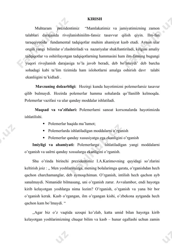 limerga doimiy kuchlanish(𝜎0) berilsa, unda oqish jarayonida kuzatilmasa bunda kuchlanish ma`lum muvozanatli yuqori elastik deformatsiyaga () mos keladi. doimiy kuchlanish ostida polimer deformatsiya o`zgarishini vaqtga bog`liqligi omorf polimer uchun kuchlanish bo`yicha relaksatsiya vaqtini grafigi yuqori elastikli deformatsiya relaksatsiya vaqtini (lgτ) haroratining teskari miqdori bog`liqligi og`ish burchagidan aniqlanadi. umuman real makromelukalalar uchun relaksatsiya vaqti dinamik jarayonda kuchlanishni vaqt bo`yicha sinusoidal qonun bo`yicha o`zgaradi. 𝜎=𝜎0 sinωτ bunda ω-faza tebranishini ko`rsatadi. deformatsiyaning kuchlanishdan kech qolishi natijasida mexanik energiyaning bir qismi yuqotiladi, issiqlik energiyasiga aylanadi. bunda energiyaning sochilishi kuzatiladi. bu xodisaga mexanik yuqotish deb yuritiladi. maksimum yuqotilish deb belgianadi. maksimum nuqtada ωτ=30,5 bunda asosan ω, d va d0 aniqlash orqali relaksatsiya (τ) vaqti hisoblab topiladi. relaksatsiya va gezterezis effekti polimerlar uchun ε=f(𝜎) bog`lanish grafigida kuchlanish oshib borishi va kamayib borishida deformatsiya miqdori o`lchangan bo`lsa , ularning grafiklari ustma ust tushmaslik holati kuzatiladi. kuchlanish oshib borishida deformatsiya , kuchlanish kamayib borishiga qaraganda kattaroq bo`ladi. natijada …