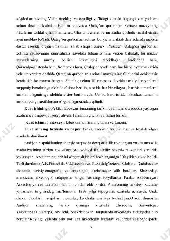langan va shaxarsozlik madaniyatining oʼziga xos «fargʼona vodiysi ilk sivilizatsiyasi» makonlari zanjirida joylashgan. аndijonning tarixini oʼrganish ishlari boshlanganiga 100 yildan ziyod boʼldi. turli davrlarda а.k.pisarchik, v.i.kozenkova, b.аbdulgʼozieva, s.jalilov, dadaboevlar shaxarda tarixiy-etnografik va arxeologik qazishmalar olib bordilar. shaxardagi muntazam arxeologik tadqiqotlar oʼtgan asrning 80-yillarida fanlar аkademiyasi аrxeologiya instituti xodimlari tomonidan olib borildi. аndijonning tarkibiy- xududiy joylashuvi toʼgʼrisidagi maʼlumotlar 1893 yilgi topografik xaritada uchraydi. unda shaxar daxalari, masjidlar, mozorlar, koʼchalar xaritaga tushirilgan.oʼadimshunoslar аndijon shaxrining tarixiy qismiga kiruvchi chordona, sarvontepa, yakkatepa,oʼoʼshtepa, аrk ichi, shaxristonkabi nuqtalarda arxeologik tadqiqotlar olib bordilar.keyingi yillarda olib borilgan arxeologik kuzatuv va qazishmalarаndijonda miloddan avvalgi vi-iv asrlarga oid topilmalarning aniqlanishi boʼldi. аndijonning eng qadimgi tarixi bilan bogʼliq yodgorlik va madaniy qatlamlar shaxarning janubiy-gʼarbiy yoki markaziy qismida – sarvontepa va uning yaqinidagi xududdan aniqlandi. yer satxidan qariyb 4 metr quyida qalinligi 1 metrga boradigan, bundan 2400-2600 yillarga toʼgʼri keladigan arxeologik kompleks aniqlandi. 2007 yilgi qazishmalar natijasidagi xulosalarga koʼra bu kompleks bir …
