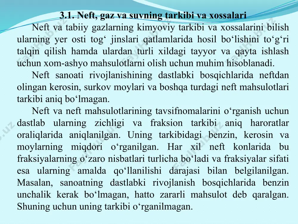 orodlar mavjud. har qanday neft tarkibida erigan gazlar bo‘lib, neft qazib olinganda uni yer yuzasiga chiqishi bilan bunday gazlar uning tarkibidan alohida ajralib chiqadi. shuningdek tog‘ jinslari qatlamlarida tarkibida neft bo‘lmagan gaz uyumlari ham uchraydi. neft uglerod va vodorodning murakkab birikmalaridan iborat va uning tarkibida taxminan uglerod miqdori 83-86%, vodorod miqdori 12-14%, oltingugurt s, kislorod o va azot n miqdori 1-3%, ba’zi hollarda oltingugurt miqdori 3-5% gacha bo‘ladi. massa bo‘yicha uglevodorodlarning umumiy miqdori 97-98% ni tashkil etadi. neftning tarkibi tabiiy gazning tarkibiga ko‘ra juda murakkabdir. neftda ko‘p sonli suyuq va unda erigan holda barcha turdagi qattiq uglevodorodlar mavjud. neft tarkibi asosan parafin, naften va aromatik uglevodorodlarning aralashmalaridan iborat. neft va gazning tarkibida bo‘lgan barcha uglevodorodlarning molekulalarini tuzilishiga ko‘ra uchta asosiy guruhga bo‘linadi: parafinli uglevodorodlar (alkanlar), umumiy formulasi: cnh2n+2 naftenli uglevodorodlar (alkenlar), umumiy formulasi: cnh2n aromatik uglevodorodlar (ar`enlar), umumiy formulasi: cnh2n-6 neftning asosiy qismini yuqorida keltirilgan har uchala guruhdagi uglevodorodlarning murakkab …