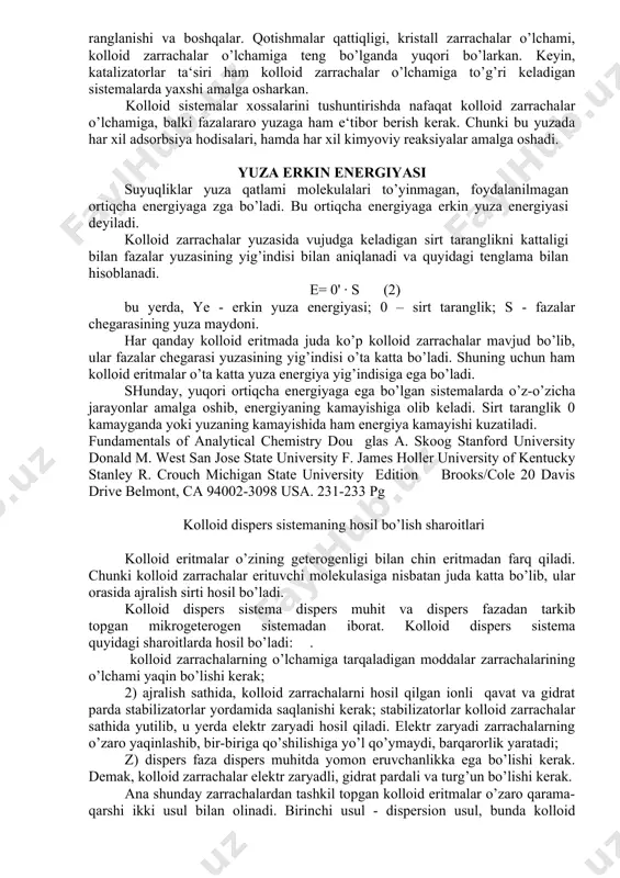 . dispers sistemalar va ularning turlari kolloid kimyo yuqori molekulyar va yuqori dispers sistemalarning fizikaviy va kimyoviy xossalarini fizika qonun qoidalari asosida o’rganadigan mustaqil fandir. dispers so’zi lotincha bo’lib, tarqalmoq ma‘nosini bildiradi. dispers sistema deganda, bir modda zarrachalarining ikkinchi modda zarrachalari orasida bir tekis tarqalishiga aytiladi. dispers sistema eritmalar kabi ikki qimmdan iborat. eritmalarda ko’p qismi erituvchi va kam qismi eruvchi, dispers sistemalarda esa ko’p qismi dispers muhit, kam tarqalgan qismi dispers faza deb yuritiladi. masalan, tuproq zarrachalarining suvda tarqalib, loyqa suv hosil qilishi, bunda suv dispers muhit, tuproq. zarrachalari dispers faza hisoblanadi. dispers faza zarrachalarining katta kichikligiga qarab, dispers sistemalar uchga bo’linadi. 1. chin dispers sistema, bunda faza zarrachalarining kattaligi 1 mik (millimikrondan kichik bo’ladi 1 mik = 10-7 sm). agar faza elektrolitmas moddalar (mochevina, qand, glyukoza, spirt va boshqalar) dan iborat bo’lsa, molekulyar dispers sistema deyiladi. agar faza elektrolit moddalardan (tuzlar, asoslar, kislotalar) iborat bo’lsa, ionli dispers sistema …