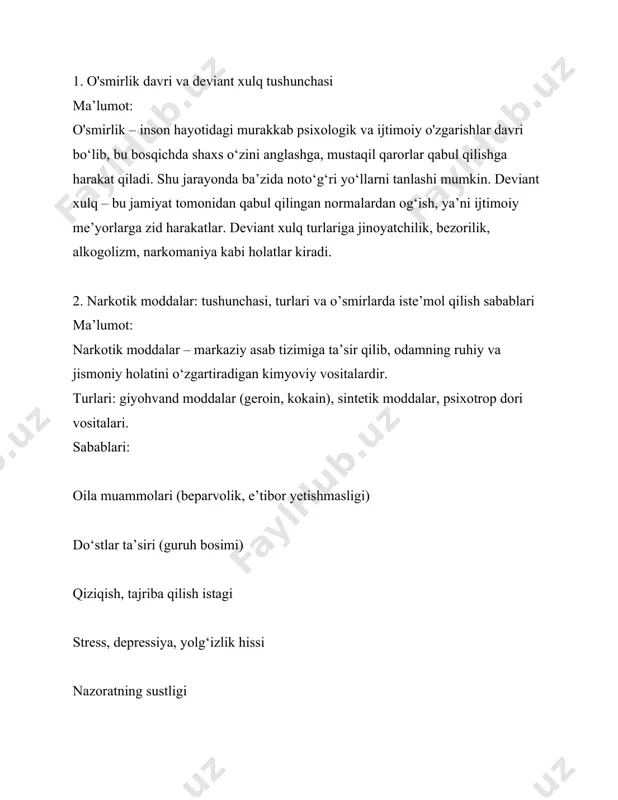 , bolag’atga etmaganlikdan voyaga etadi, o’smir xar tomonlama rivojlanadi. ya`ni, anatomo – fiziologik tuzilishi, aqliy, ma`naviy, axloqiy rvojlanish, shuningdek, uning faoliyatining xar xil turlari shakllanadi. o’smir yoshda bolalarda o’zini anglashga bo’lgan xarakati kuchayadi «men kimman?» savoliga javob topishda vaqti – vaqti qiynaladi. u o’ziga qiziqishi uyg’onadi, unda shaxsiy dunyoqarash va muloxaza shakllanadi, xar xil xodisa va faktlarga shaxsiy baxo bera boshlaydi, u o’z imkoniyati va xatti – xarakatlariga baxo berishga xarakat kila boshlaydi, o’z tengqurlarining xarakatlai bilan o’z xarakatlarini taqqoslaydi. bu yoshda o’smirlarda oyla va maktabdan vaqtincha psixologik ajralish kuzatiladi. o’smir o’ziga qulay joy qidira boshlaydi, masalan, bular sport seksiyasi, texnika tugaragi, bo’lmasa, uylarning podvallarida bolalar yig’iladigan gaplashib, sigaret chekib, ichkilik va boshqa narsalar bo’lishi mumkin. odatda o’smirlik yoshda bolalarda kattalar bilan, ayniqsa, ota – onalar bilan muammolar kelib chiqadi. ota – onalar bolalariga xali kichkina bolaga qaraganday muomlada bo’lishi bolaga yoqmaydi, ular o’zini katta deb xisoblaydi. shu bilan bir …
