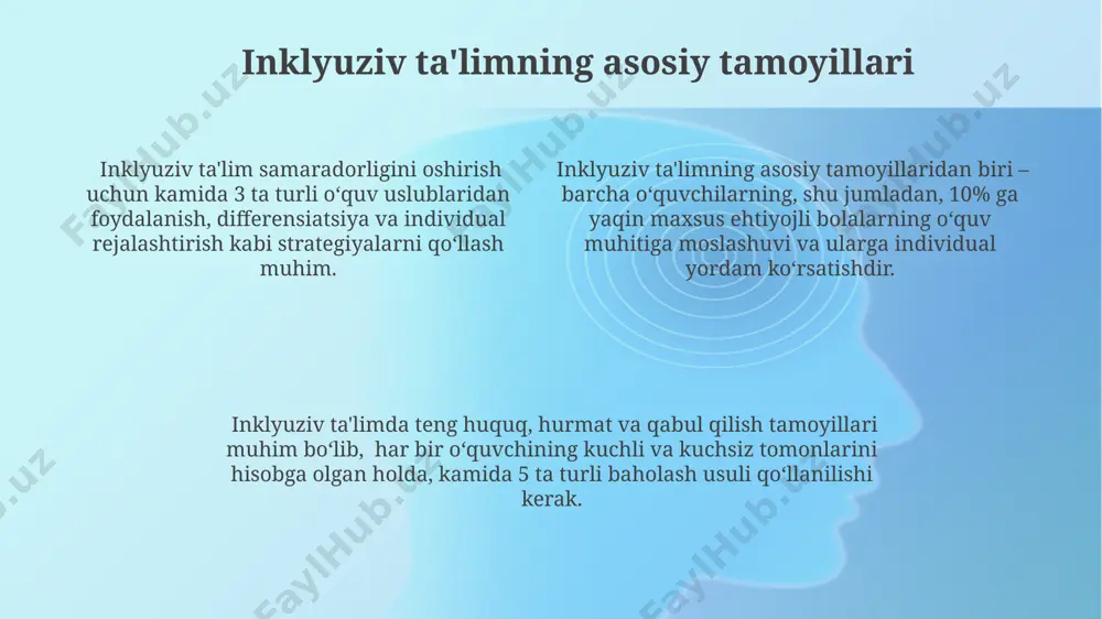 shlar kiritiladi. ta'lim rejasida o'quvchining o'rganish uslubi, ehtiyojlari va maqsadlariga mos keladigan 5-7 ta aniq va o'lchanuvchan maqsadlar belgilanadi va ularning yutuqlari muntazam ravishda kuzatiladi. farqlarni qabul qilish va hurmat qilish inklyuziv ta'limda farqlarni hurmat qilish, o'quvchilarning 5 ta intellektual qobiliyatini – mantiqiy-matematik, til, fazoviy, jismoniy-kinetik va interpersonal – hisobga olishni va ularning o'ziga xos kuchli va kuchsiz tomonlarini baholaydigan individual yondashuvni talab qiladi. individual qo'llab-quvvatlash strategiyasi sifatida farqlarni qabul qilish va hurmat qilish, o'quv jarayoniga eng kamida 2 ta turdagi moslashuvchan vositalarni – o'quv materiallarini va baholash usullarini – kiritishni nazarda tutadi va kamida 70% o'quvchilarning o'zlashtirish darajasini oshirishi mumkin. farqlarni qabul qilish, kamida 3 ta asosiy inson huquqlari – tenglik, hurmat va qadr-qimmat tamoyillariga asoslanadi va individual ehtiyojlarni qondirishga qaratilgan 10 dan ortiq turdagi qo'llab-quvvatlash xizmatlarini o'z ichiga olishi mumkin. barcha o'quvchilar uchun teng imkoniyatlar "barcha o'quvchilar uchun teng imkoniyatlar" tamoyili, kamida 30% o'quvchilarga individual qo'llab-quvvatlashni ta'minlashni nazarda …