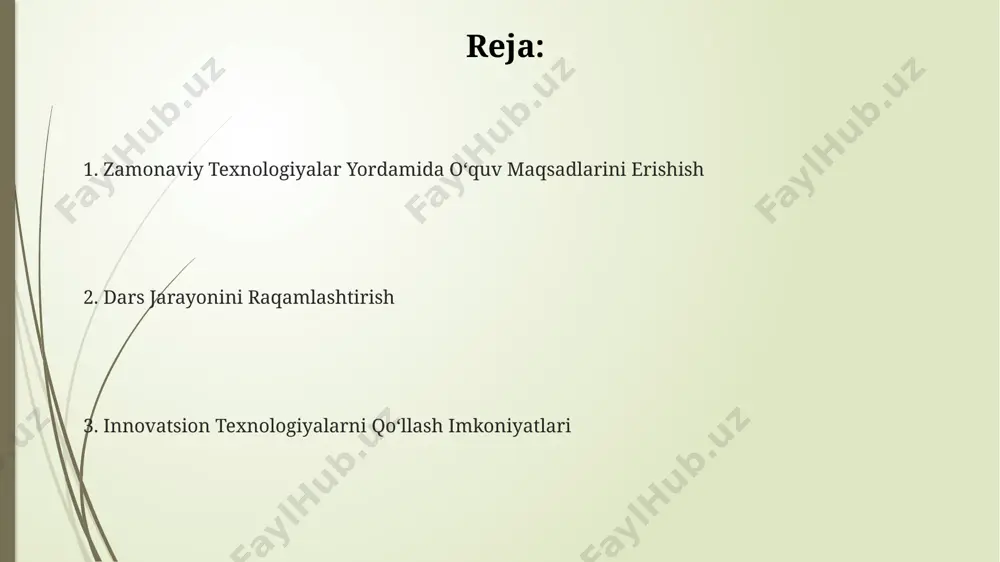sh tizimi, ya'ni o'quvchining o'zi, o'qituvchi, tengdoshlari va ota-onalar tomonidan baholanishini qo'llash samaradorlikni 15% ga oshirishi mumkin. interfaol o'quv dasturlari va platformalar o'quv platformalarida virtual laboratoriyalar va 3d modellardan foydalanish, murakkab tushunchalarni 50% ga samaraliroq tushunishga yordam beradi va amaliy ko'nikmalarni rivojlantirishni tezlashtiradi. interfaol o'quv dasturlari, masalan, kahoot! yoki quizizz kabi platformalar, o'quv jarayonini 20% gacha qisqartirib, 30% ga ko'proq o'quvchilarning faol ishtirokini ta'minlaydi. interaktiv o'yinlashtirilgan dasturlar yordamida o'quvchilarning bilimni egallash darajasi 15-20% ga oshishi va ularning motivatsiyasi sezilarli darajada o'sishi kuzatiladi, bu esa o'quv natijalariga ijobiy ta'sir ko'rsatadi. sun'iy intellekt va mashina o'rganish imkoniyatlari mashina o'rganish algoritmlari o'quvchilarning bilimlarini 5 darajaga baholash imkonini beradi, shu bilan individual o'quv dasturlarini shakllantirishni tezlashtiradi va samaradorligini oshiradi. sun'iy intellekt yordamida o'quv jarayonini avtomatlashtirish orqali o'qituvchilarning 30% vaqatini tejash va 20% ga ko'proq o'quvchilar bilan individual ishlash imkoniyatini beradi. vr/ar texnologiyalari va sun'iy intellektni birlashtirish orqali 100% ga yaqin interaktivlikka erishiladi va o'quv …