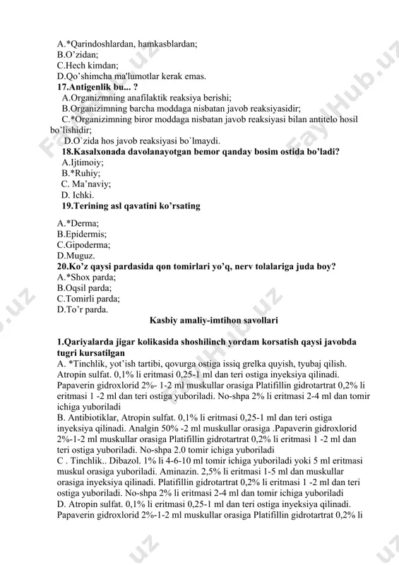 iladi. no-shpa 2.0 tomir ichiga yuboriladi c . tinchlik.. dibazol. 1% li 4-6-10 ml tomir ichiga yuboriladi yoki 5 ml eritmasi muskul orasiga yuboriladi. aminazin. 2,5% li eritmasi 1-5 ml dan muskullar orasiga inyeksiya qilinadi. platifillin gidrotartrat 0,2% li eritmasi 1 -2 ml dan teri ostiga yuboriladi. no-shpa 2% li eritmasi 2-4 ml dan tomir ichiga yuboriladi d. atropin sulfat. 0,1% li eritmasi 0,25-1 ml dan teri ostiga inyeksiya qilinadi. papaverin gidroxlorid 2%-1-2 ml muskullar orasiga platifillin gidrotartrat 0,2% li eritmasi 1 -2 ml dan teri ostiga yuboriladi. dibazol. 1% li 4-6-10 ml tomir ichiga yuboriladi yoki 5 ml eritmasi muskul orasiga yuboriladi. dimedrol 1% li eritmasi 1-5 ml miqdordagi eritmasi muskullar orasiga va tomir ichiga yuboriladi. 2.bolaning jismoniy rivojlanishdan orqada qolishi. hamshira tashxisi asosida parvarishlash rejasini tuzing. 3. bemorda xirillagan yutal,ovoz bo`g`ilishi. inpirator hansirash,lablar atrofini ko`karishi yordamchi mushaklar nafas olishda ishtirok etishi shikoyati bo`lsa hamshira tashxisini quying. a.bronxial astma …