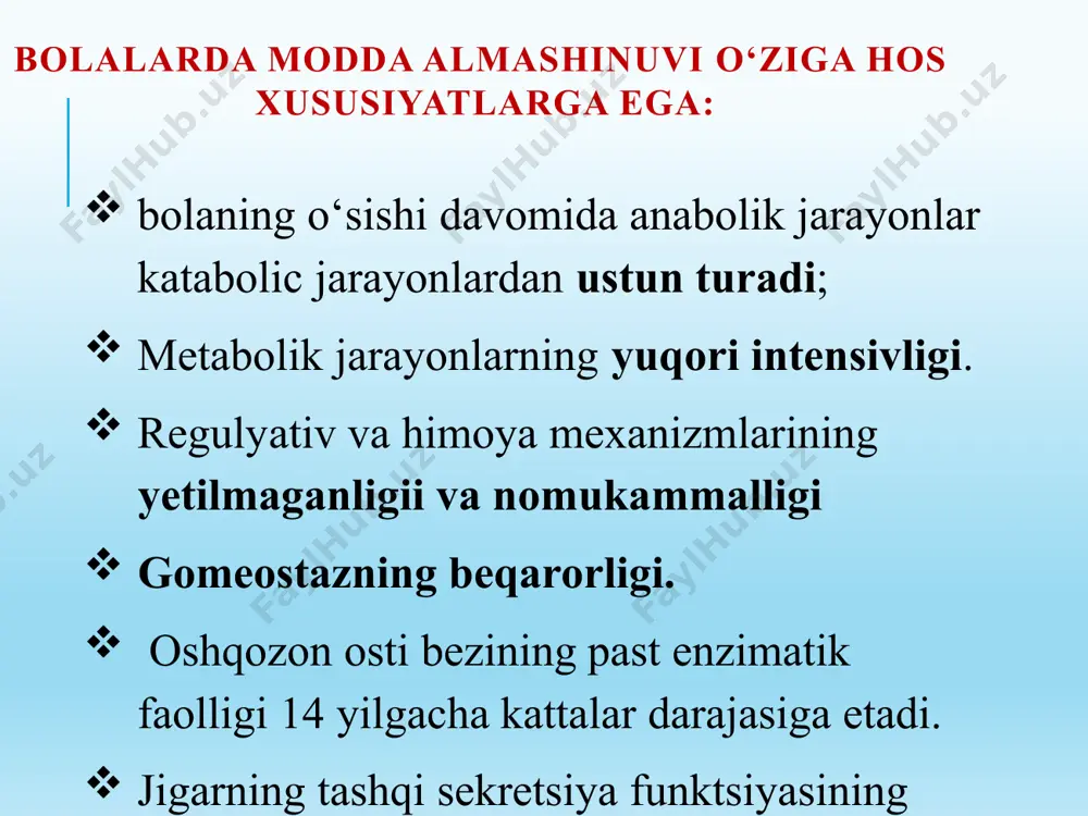 to to'xtashiga olib keladi. oqsil distrofiylari - chaqaloqlarda istemol qilgan mahsulotlarda oqsil yetishmaganda rivojlanadigan buzilishlar. oqsil distrofiyasining asosiy klinik belgilari: psixikani buzilishi; gipotrofiya; oqsil tanqisligi 6 oy davom etsa, o‘sishni kechikishi kuzatiladi (tana vazni va uzunligidagi bu kechikish gipostaturaga olib kelishi mumkin); oqsil distrofiyasining asosiy klinik belgilari (davomi): oqsil tanqisligida oyoq va qo‘llarda shish sindromi erta paydo bo‘ldi, gipoproteinemiyaga asoslangan oqsilsiz shish deb ataladi mushak gipotonusi; neyro-psixik rivojlanishining kechikishi. kvashiorkor sifat buyicha oqsil yetishmaganda, bola zarur miqdorda almashinmaydigan aminokislotalar olmasa, kvashiorkor rivojlanishi mumkin – gipotrofiyaning og‘ir shakli, klinik va laboratoriya belgilari oqsil distrofiyasiga o‘xshash (shish, gipoproteinemiya, og‘ir hollarda-ichki a’zolardagi distrofik o‘zgarishlar). seliakiya kasalligi yoki glyuten kasalligi (giye-herter-geibner kasalligi) ning sababi peptidaza fermentlarining yo‘qligi bo‘lib, u idiosinkraziyaga, o‘simlik oqsilning (glyutenning gliadin fraksiyasi) parchalanishi va so‘rilishining bo‘zilishiga olib keladi. seliakiya kasalligining asosiy klinik belgilari: ichburush shaklidagi axlatning buzilishi: suyuq, ko‘pikli, yaltiroq, katta hajmda; gipotrofiyaning yaqqol belgilari; tashqi ko‘rinishi "o‘rgimchaksimon “ -qo‘l-oyoqlari juda …