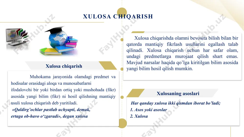 dir. demak, hech bir s — r emasdir. aylantirish orqali xulosa chiqarish: aylantirish yordamida asosga teng, lekin mazmun jihatidan qaramaqarshi fikr juz’iy tasdiq (j) mushohadadan hosil qilinadi. 2) almashtirish (lot.—conversio) mantiqiy xulosa chiqarish usuliki, unda xulosa berilgan mulohazadagi subyekt va predikatning o‘rnini almashtirish orqali keltirib chiqariladi1. turli mulohazalardan bunday usul vositasida xulosa chiqarish quyidagicha: almashtirish chiqarilgan xulosaning aniq bo’lishini ta’minlaydi. almashtirish natijasida umumiy tasdiq (a) mushohadadan juz’iy tasdiq (j) ni hosil qilish mumkin. masalan: respublikamizning barcha viloyatlari davlatga paxta topshirish shartnomaviy majburiyatlarini bajardilar almashtirish shunday mantiqiy usulki, bunda asos bo’lgan hukmning subyekti (s) xulosaning predikatiga (r), uning predikati (r) esa xulosaning subyekti (s) ra almashtiriladi. bundan fikrning mazmuni o‘zgarmay qoladi. masalan: guruhimizning ayrim talabalari (s) — a’lochi (r). demak, ayrim a’lochilar (s) — guruhimiz talabalari (r). 01 02 03 04 1) bevosita deduktiv xulosa chiqarish: a. hamma shifokorlar oliy ma’lumotlidir. ba’zi oliy ma’lumotlilar shifokorlardir i. ba’zi yoshlar tadbirkordir. i. ba’zi …