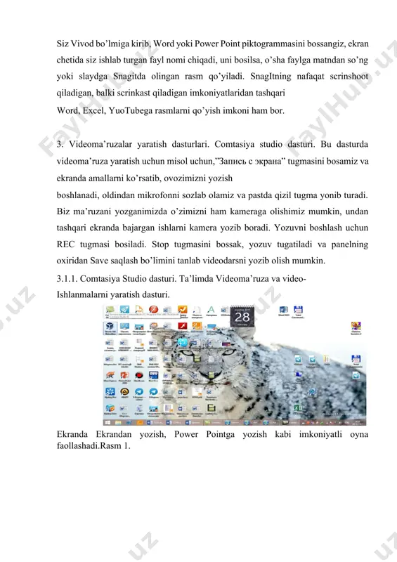 экрана” tugmasini bosamiz va ekranda amallarni ko’rsatib, ovozimizni yozish boshlanadi, oldindan mikrofonni sozlab olamiz va pastda qizil tugma yonib turadi. biz ma’ruzani yozganimizda o’zimizni ham kameraga olishimiz mumkin, undan tashqari ekranda bajargan ishlarni kamera yozib boradi. yozuvni boshlash uchun rec tugmasi bosiladi. stop tugmasini bossak, yozuv tugatiladi va panelning oxiridan save saqlash bo’limini tanlab videodarsni yozib olish mumkin. 3.1.1. comtasiya studio dasturi. ta’limda videoma’ruza va video- ishlanmalarni yaratish dasturi. ekranda ekrandan yozish, power pointga yozish kabi imkoniyatli oyna faollashadi.rasm 1. ekrandan yozish, yani “запись с экрана” bo’limi bu erda mavjud rasm 2): rasm3. ekrandan yozish. comtasiya studioning bosh menyusi qo’yidagicha: “файл”, “правка”,” вид”,” воспроизведение”,” сервис”,” справка”. endi bosh menyusi bo’yicha to’htalamiz. fayl menyusi: “создать проект”-proektni yaratish uchun ishlatiladigan soha. proektni yaratishda bundan boshqa vkladkalardan ham foydalanish mumkin. “открыть проект”- oldindan yaratilgan proektni ochish. albatta avval proekt yaratilgan va saqlangan bo’lishi zarur. “последние проекты”- oxirgi loyihalar. oxirgi yaratgan loyihalaringizdan 15-16 tasini …