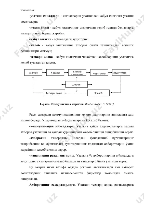нг тез ривожланиши реклама каналлари ва бевосита савдонинг нисбий ролини қайта баҳолашни талаб қилади. шахсий мулоқот бевосита савдо - харид жараёнининг маълум бир босқичларида, айниқса харидорнинг ўзи сотаётган товарни афзал кўришига эришиш ва уни сотиб олишга ундаш керак бўлганда энг самарали коммуникация воситасидир. шунинг учун, соддароқ вазифалар коммуникациянинг арзонроқ техник воситалари орқали узатилган сари, савдо ходимларининг стратегик маркетингдаги роли кучайиб боради. савдо ходимларининг мақсад ва вазифалари. шахсий мулоқот стратегиясини ишлаб чиқиш энг аввал фирманинг маркетинг стратегиясини амалга оширишда савдо ходими ўйнайдиган ролни белгилаб олишни талаб қилади. бунинг учун фирма ҳар бир товар бозорида ўз мижозлари билан ўрнатмоқчи бўлган алоқа характерини аниқлаб олиш керак. савдо ходимининг типик вазифаларини уч йўналиш бўйича гуруҳлаш мумкин: -савдо қилиш, шу жумладан потенциал мижозларни аниқлаш, уларнинг эҳтиёжларини ўрганиш, сотиш шароитларини муҳокама қилиш ва битим тузиш; -мижозларга хизматлар кўрсатиш, шу жумладан товардан фойдаланишда ёрдам кўрсатиш, хариддан кейинги хизмат кўрсатиш, товарни илгари суриш ва бошқалар; -фирма учун эҳтиёжларнинг …