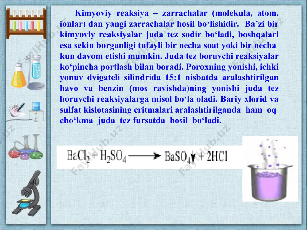 roratlar orasidagi farq 20 °c ni tashkil qilmoqda. ya’ni 70 °c – 50 °c = 20 °c. agar reaksiya tezligi harorat har 10 °c oshganda 4 marta tezlashsa, u holda temperaturaning 20 °c ga ortishi reaksiya tezligini 4·4=16 (har 10 °c uchun 4 marta, demak 20 °c uchun 2 marotaba 4 martadan, umuman olganda 16 marta) marta oshishiga olib keladi. tezlik 16 marta ortsa, hozirda u 3 mol/ min ·16 = 48 mol/l·min ga teng bo‘ldi. javob: 48 mol/litr∙min mustaqil ishlash uchun uyga vazifa: mavzuni o’qish va darslikning 109-betidagi 1-5-masalalarni ishlash.