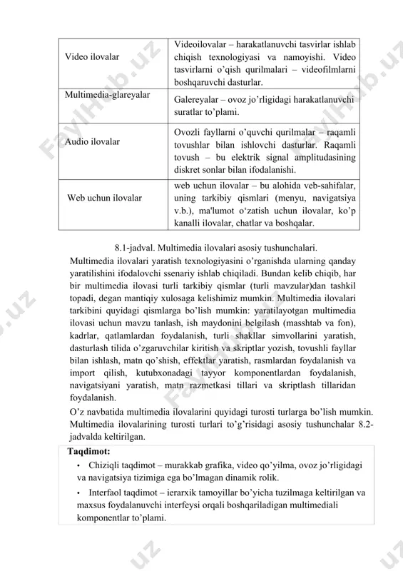 enyu, navigatsiya v.b.), ma'lumot o‘zatish uchun ilovalar, ko’p kanalli ilovalar, chatlar va boshqalar. 8.1-jadval. multimedia ilovalari asosiy tushunchalari. multimedia ilovalari yaratish texnologiyasini o’rganishda ularning qanday yaratilishini ifodalovchi ssenariy ishlab chiqiladi. bundan kelib chiqib, har bir multimedia ilovasi turli tarkibiy qismlar (turli mavzular)dan tashkil topadi, degan mantiqiy xulosaga kelishimiz mumkin. multimedia ilovalari tarkibini quyidagi qismlarga bo’lish mumkin: yaratilayotgan multimedia ilovasi uchun mavzu tanlash, ish maydonini belgilash (masshtab va fon), kadrlar, qatlamlardan foydalanish, turli shakllar simvollarini yaratish, dasturlash tilida o’zgaruvchilar kiritish va skriptlar yozish, tovushli fayllar bilan ishlash, matn qo’shish, effektlar yaratish, rasmlardan foydalanish va import qilish, kutubxonadagi tayyor komponentlardan foydalanish, navigatsiyani yaratish, matn razmetkasi tillari va skriptlash tillaridan foydalanish. o’z navbatida multimedia ilovalarini quyidagi turosti turlarga bo’lish mumkin. multimedia ilovalarining turosti turlari to’g’risidagi asosiy tushunchalar 8.2-jadvalda keltirilgan. taqdimot: · chiziqli taqdimot – murakkab grafika, video qo’yilma, ovoz jo’rligidagi va navigatsiya tizimiga ega bo’lmagan dinamik rolik. · interfaol taqdimot – ierarxik tamoyillar …