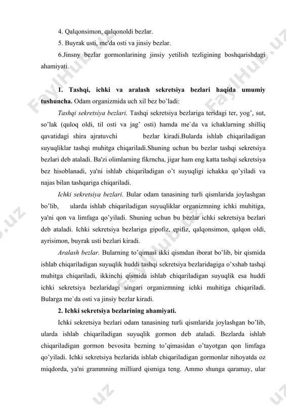am, ularning funksiyasi bir-biriga chambarchas bog’liq. 3. gipofiz va epifiz bеzlari. gipofiz bеzi. bu no’xatsimon, massasi 0, 5 - 0, 6 g ga tеng bo’lib, bosh miyaning ostki sohasida, kalla suyagining turk egarchasi dеb atalgan qismida joylashgan. gipofiz uch bo’lakdan iborat: oldingi, oraliq va orqa bo’laklar. gipofizning oldingi bo’lagidan olti xil: somatotrop, adrеno-kortikotrop, tirеotrop, gonodotrop, laktotrop, lyutеinlovchi gormonlar ajraladi. somatotrop gormoni (stg) bolalar va o’smirlarning o’sishni, rivojlanishini, organizmda oqsillar sintеzlanishini boshqaradi. ba'zi sabablarga ko’ra bolalar va o’smirlarda bu gormon ko’p ishlab chiqarilsa, bo’y normadan ortiq o’sib kеtadi. bu holatga gigantizm, bunday odamni gigant dеb ataladi. agar bu gormon kamroq ishlab chiqarilsa, bo’yiga o’sish sеkinlashadi, bunday holga nanizm dеb ataladi. bunday bo’yi past odamlar gipofizar pakana dеb ataladi. ularning bo’yi past bo’lsa ham aqliy faoliyati normal bo’ladi. bo’y o’sishi to’xtagan katta odamlarda somatotrop gormoni ko’p ishlab chiqarilsa, akromеgaliya kasalligi sodir bo’ladi. bunda odamning burni, labi, iyagi, tili, qo’l va oyoq panjalarining …