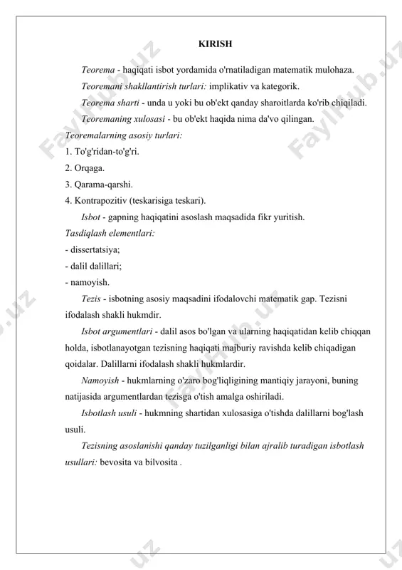 klar tengdir". unga teskari jumla quyidagicha: "agar uchburchakda poydevordagi burchaklar teng bo'lsa, bu uchburchak teng yonlidir". bu haqiqiy taklif va shuning uchun teorema. u teskari teorema deb ataladi. shaklning har qanday teoremasi uchun a b (agar a bo'lsa , b bo'lsa) biz a b jumlasini shakllantirishimiz mumkin ( a bo'lmasa , b emas ), buning aksi deb ataladi . ammo bu taklif har doim ham teorema emas. masalan, “to‘rtburchakdagi diagonallar teng bo‘lsa, to‘rtburchak to‘rtburchak bo‘ladi” degan teoremaga qarama-qarshi bo‘lgan gap yolg‘on bo‘ladi: “agar to‘rtburchak to‘rtburchak bo‘lmasa, undagi diagonallar teng bo‘lmaydi”. berilganga qarama-qarshi bo'lgan mulohazalar to'g'ri bo'lsa , u berilganga qarama-qarshi teorema deyiladi . shaklning har qanday teoremasi uchun a b (agar a bo'lsa, b ) biz b a jumlasini shakllantirishimiz mumkin (agar b bo'lmasa , unda a emas) , bu qarama-qarshi tomonga qarama-qarshi deb ataladi . masalan, “to‘rtburchakdagi diagonallar teng bo‘lsa, to‘rtburchak to‘rtburchakdir” teoremasi uchun qarama-qarshi gap bo‘ladi: “agar to‘rtburchakdagi …