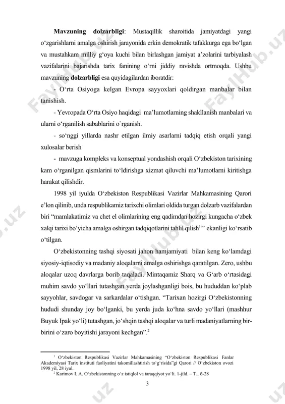 xv asrga kelib yangi ma’lumotlar bilan ancha boyidi. bunda g‘arb va sharq mamlakatlari o‘rtasida savdo-sotiq aloqalarining kuchayishi, dengizlarda kema qatnovining ortishi katta turtki bo‘ldi. sayyohlar qoldirgan ma`lumotlar o‘ziga xos manba hisoblanib, o‘rta osiyo tarixini o‘rganishda muhim ahamiyatga ega ekanligi hamda mustaqil o‘zbekistonning dunyo mamlakatlari bilan iqtisodiy, madaniy, ilmiy sohalardagi hamkorligi kengayganligi, qolaversa, mustaqillik g‘oyalarini targ‘ib qilish, aholining o‘sib borayotgan moddiy va ma’naviy ehtiyojlarini qondirish turli monografiyalar, ilmiy to‘plamlardagi yevropaliklarning o‘rta osiyo haqidagi ma’lumotlarini, tadqiqotlarini tahlil qilib umumlashtirish va alohida mavzu doirasida o‘rganish mazkur bitiruv malakaviy ishida bosh vazifa etib qo‘yildi. bitiruv malakaviy ishning maqsad va vazifalari: yevropa va rossiyadan kelgan sayyohlar o‘rta osiyo haqidagi ma’lumotlarni mavjud yozma manbalar va tarixiy faktlar yordamida ilmiy tadqiq etishdan iborat. ana shu maqsad asosida : · yevropadan o‘rta osiyoga kelgan sayyohlar esdaliklarini umumlashtirish va tarixiy jarayonlar bilan bog‘liq holda tahlil etish hamda ularni o‘rta osiyo tarixini o‘rganishdagi manbaviy ahamiyatini ochib berish; · xiv—xv asrlarda …